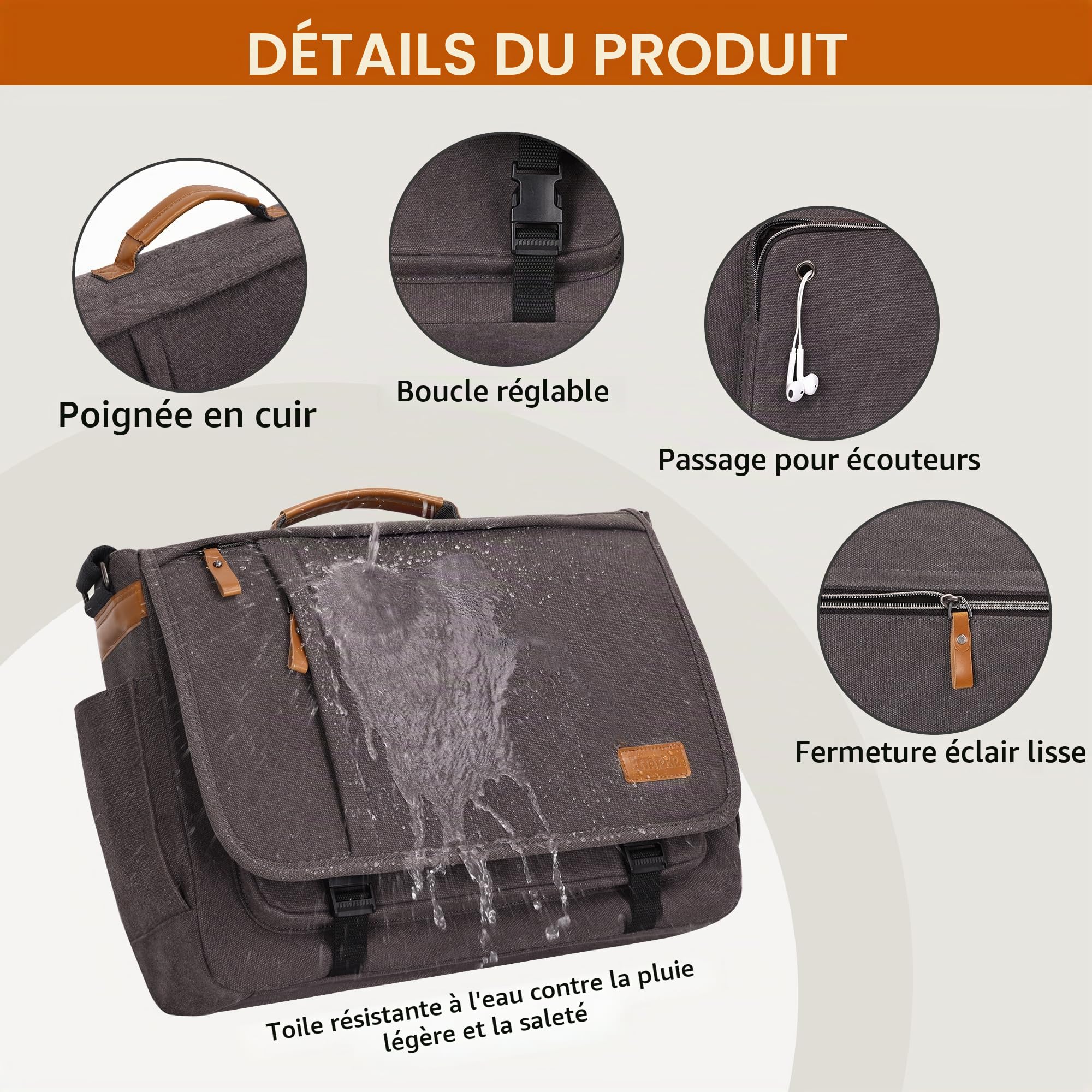 ESTARER 15.6-17.3 Inch Laptop Messenger Bag for Work School,Mens Water Resistant Canvas Crossbody Shoulder Bag
