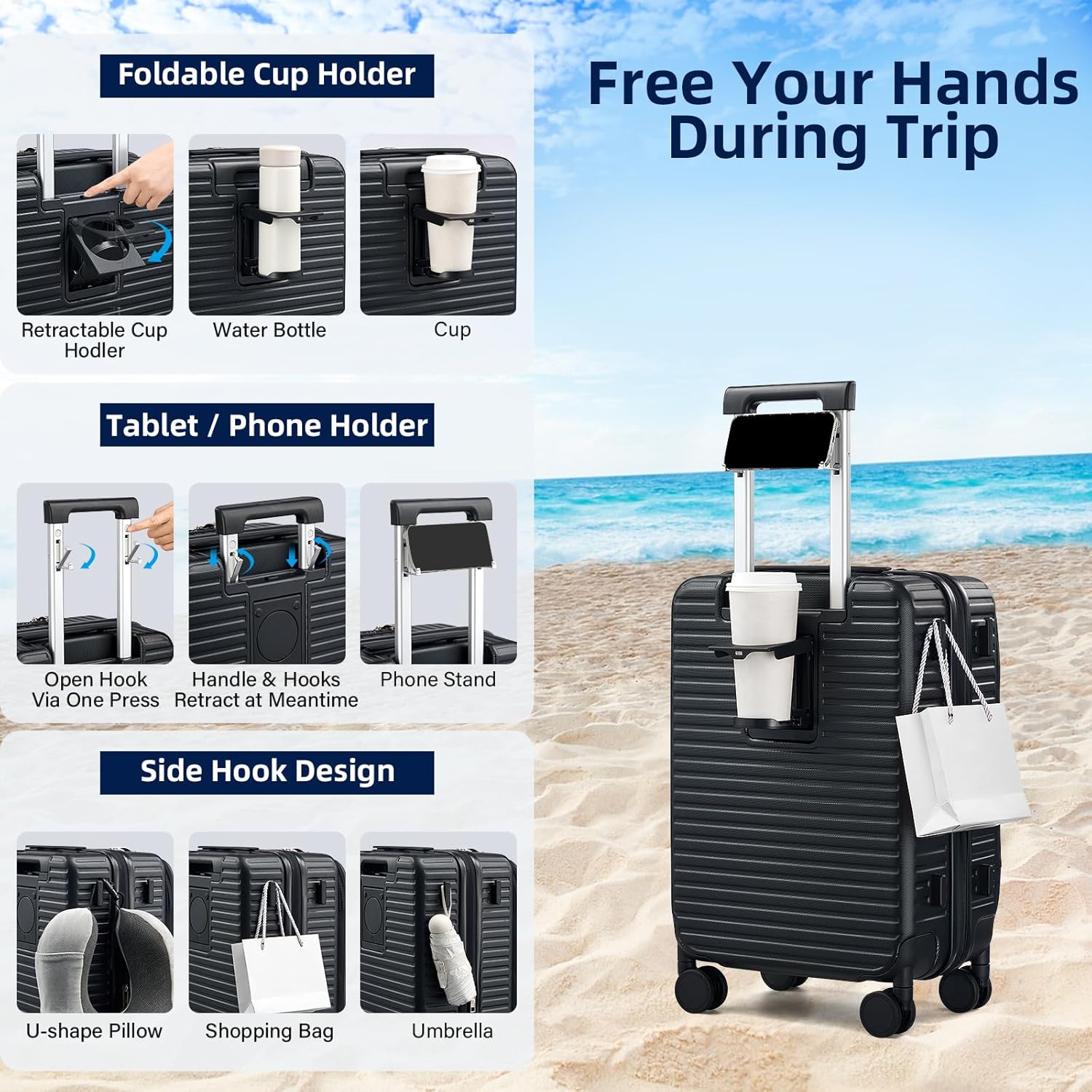 20 Inch Carry on Luggage 22x14x9 Airline Approved Hard Shell Suitcases with Wheels, Top Opening Expandable Carry on Luggage with Cup Holder Small Rolling Suitcase with Lock, Black