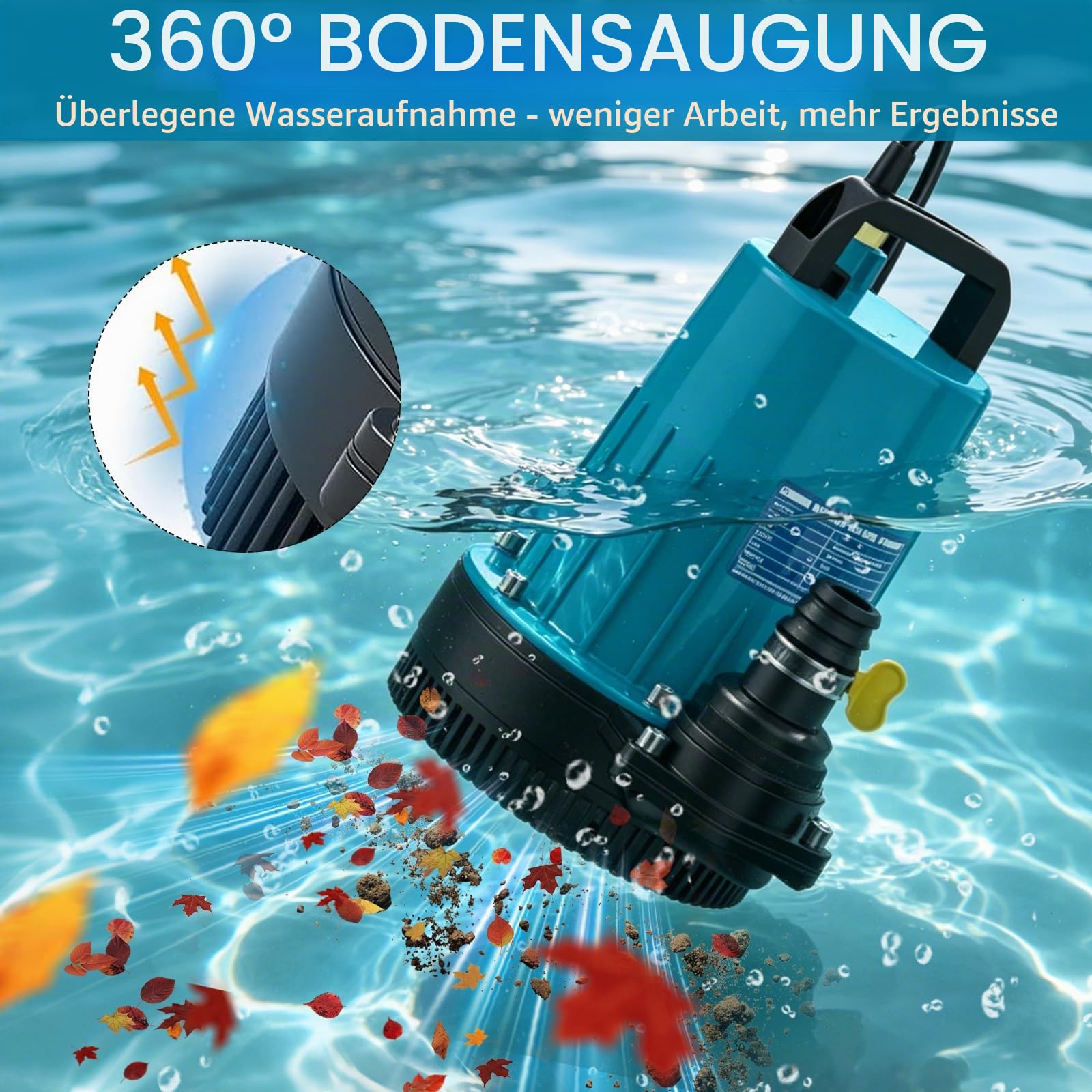 Akku Tauchpumpe, 11000 L/H Akku Klarwasserpumpe, 5m Verbindungskabe, Förderhöhe 12m, Tauchpumpe für Pool, Wasserbetten, Garten Dusche, Pfütze (Inklusive 21V Akku und Ladegerät)