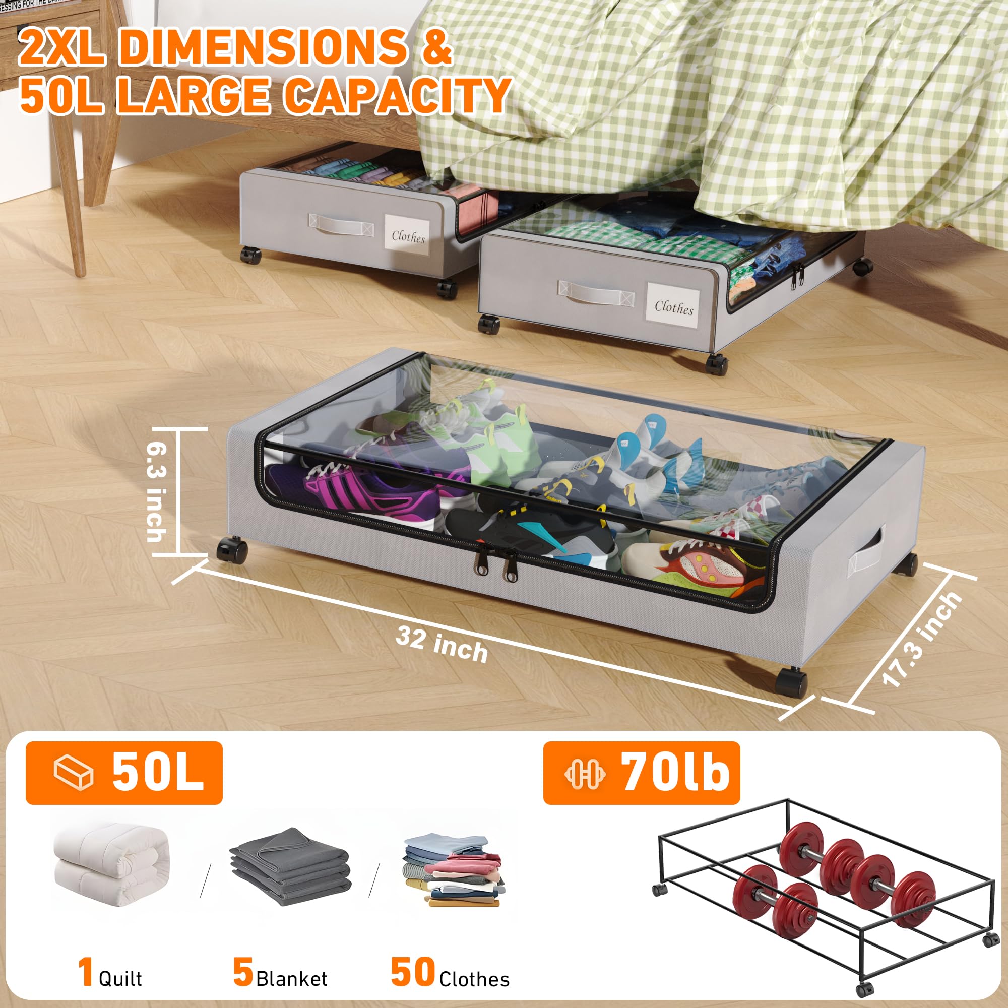 Unterbettkommode mit Rollen, 2 Stück, Unterbett-Aufbewahrungsbehälter mit transparenten Deckeln, XXL 60 l, Unterbett-Organizer, Metallschublade für Kleidung, Schuhe, Spielzeug (Grau, 2 Stück)