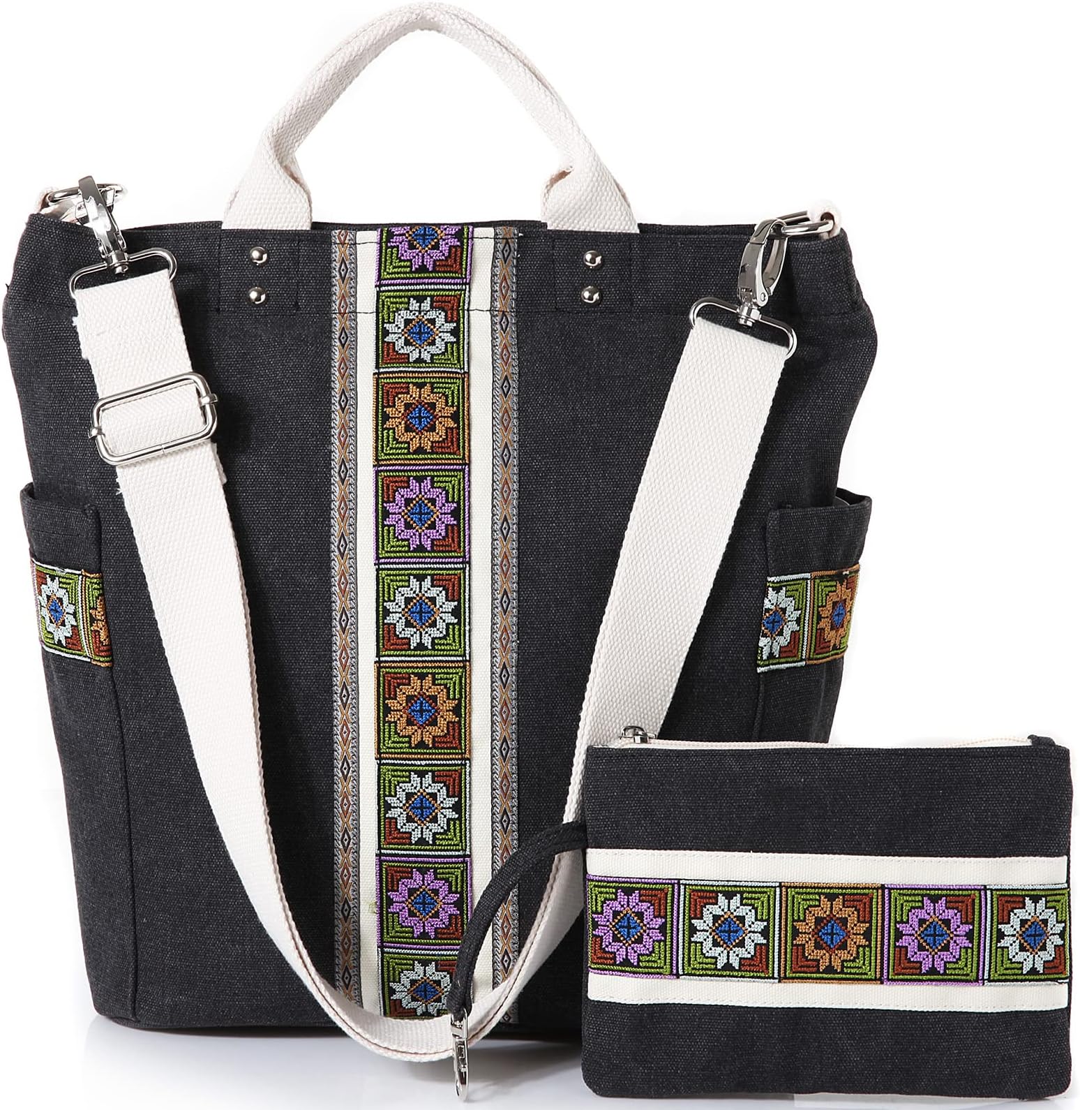 Fashion Modern WORLDLYDAWorldlyda Women Canvas Tote Purse Large Retro Shoulder Bag Casual Crossbody Hobo Top Handle Handbags with Embroidery