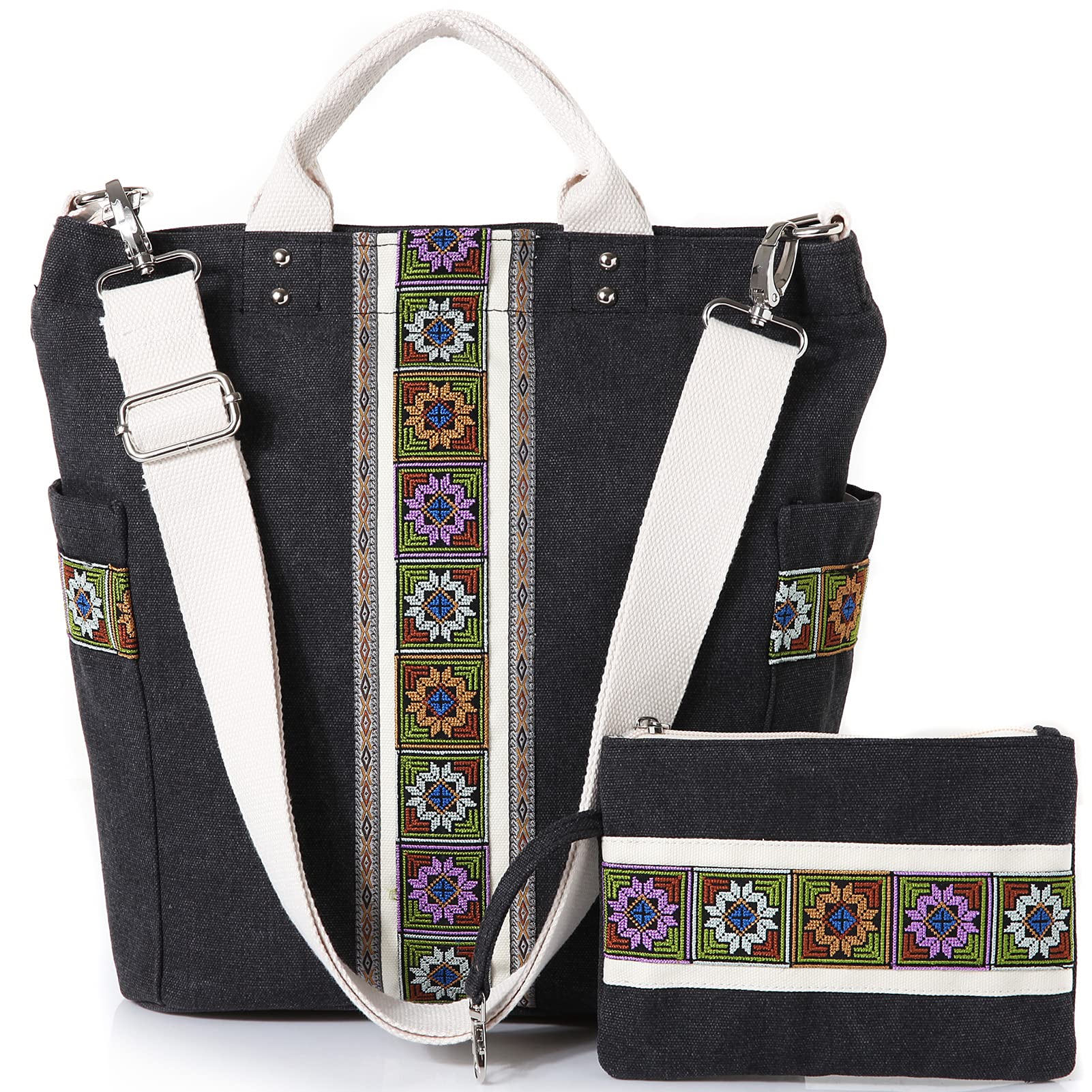 Fashion Modern WORLDLYDAWorldlyda Women Canvas Tote Purse Large Retro Shoulder Bag Casual Crossbody Hobo Top Handle Handbags with Embroidery