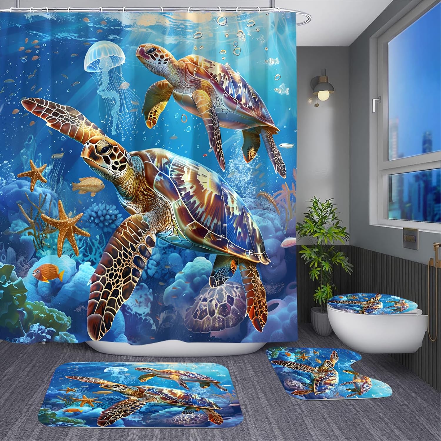 4 Pcs Swimming Sea Turtle Shower Curtain Blue Ocean Bathroom Decor Wirh 12 Hooks, Marine Life Coral Reefs Starfish Fish Bathroom Sets with Shower Curtain and Rugs Toilet Lid Cover