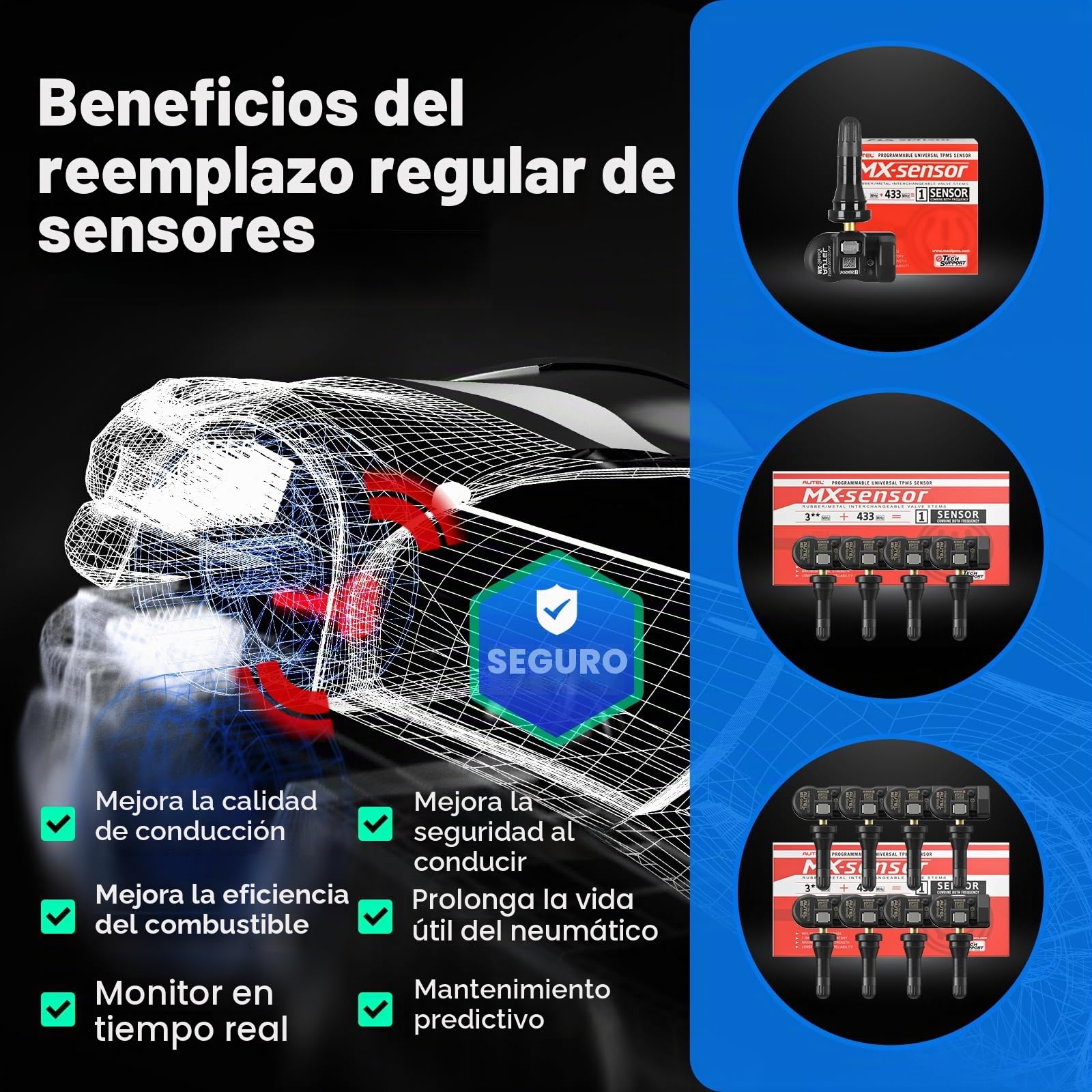 Autel TPMS MX-Sensor Doble Frecuencia, Sensores TPMS de Nivel OE para 99% Autos, Sensor Neumáticos 100% Programable, Funciona con TS408S TS501Pro TS508WF TS601 TPMS Herramienta (Válvula de Goma, 4PCS)