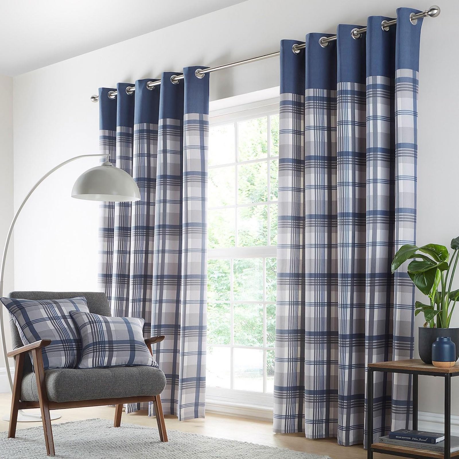 HOMEMAKER BEDDING Curtains Blue Grey eyelet ring top lined tartan check pair (66 x 54 (168x137cm))
