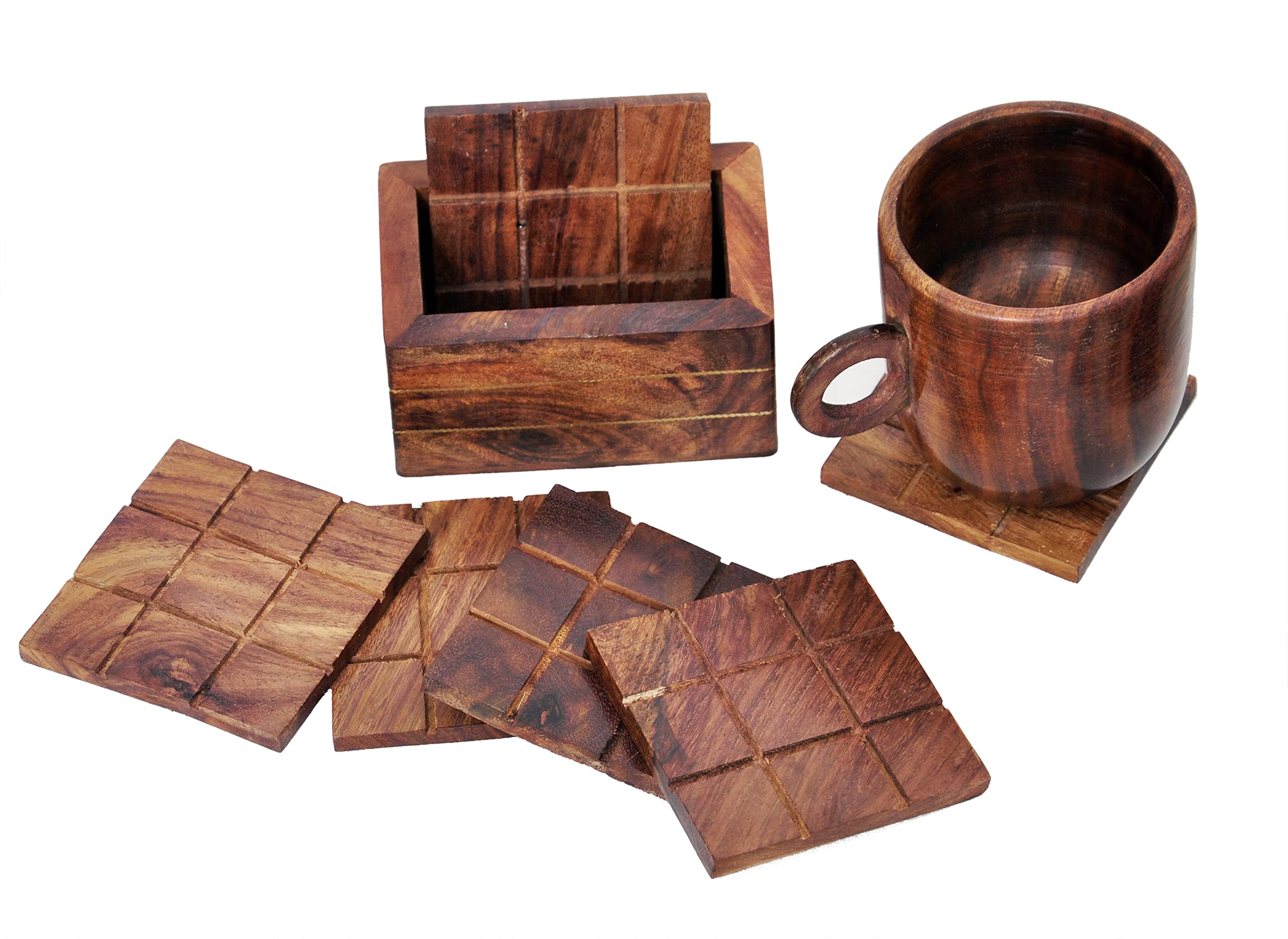 Wooden Sheesham Square Shape Set of 6 Pieces Coaster Table Top Coaster for Tea Coffee Cups Mugs Beer Cans Bar