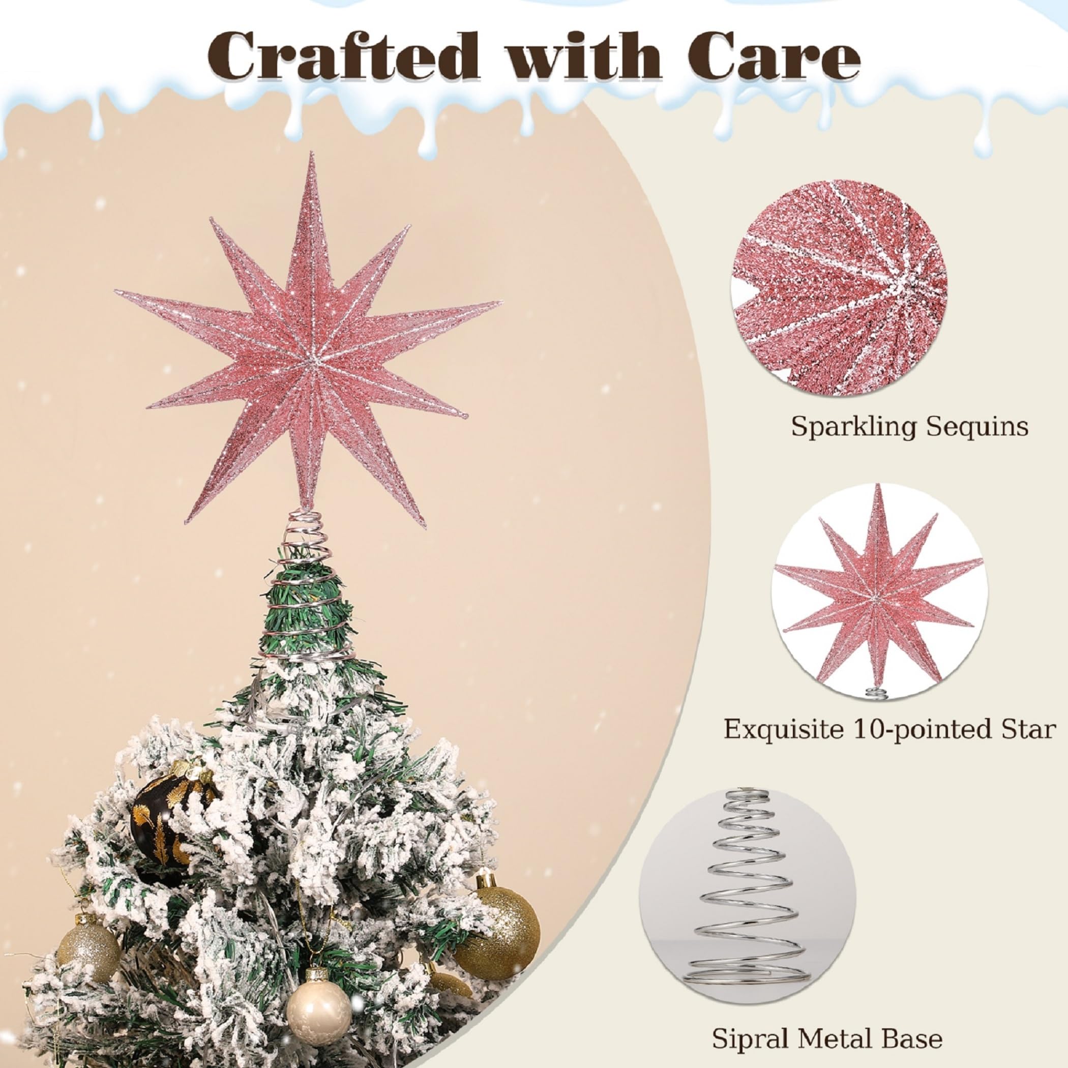 Lewondr Étoile de Cime d'arbre Noël, 13 Pouces Étoile de Noël à 10 Pointes Lumineuse avec Prise et Télécommande pour Décoration, Minuterie 6H & 8 Modes d'Éclairage, Lumière Chaude, Rose