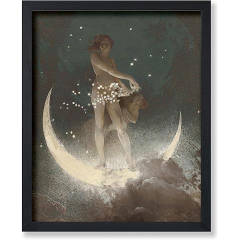 Monem Art Vintage Celestial Poster - Spring Scattering Stars Painting Print - Crescent Moon Art - Great Gift for Men, Women - Chic Decor for Bedroom, Office, Living Room - 8x10 UNFRAMED Wall Art