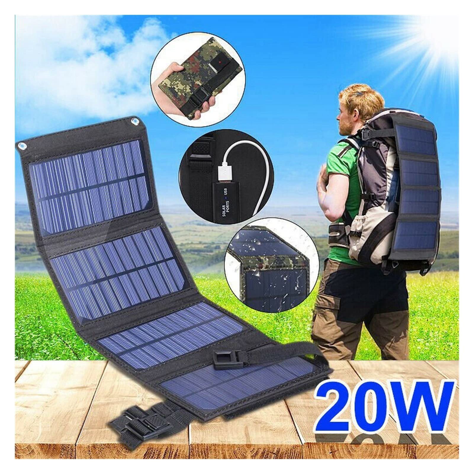 USB Składane panele słoneczne przenośne elastyczne małe wodoodporne panele solarne 5V ogniwa do ładowarki z telefonu komórkowego(Nero)