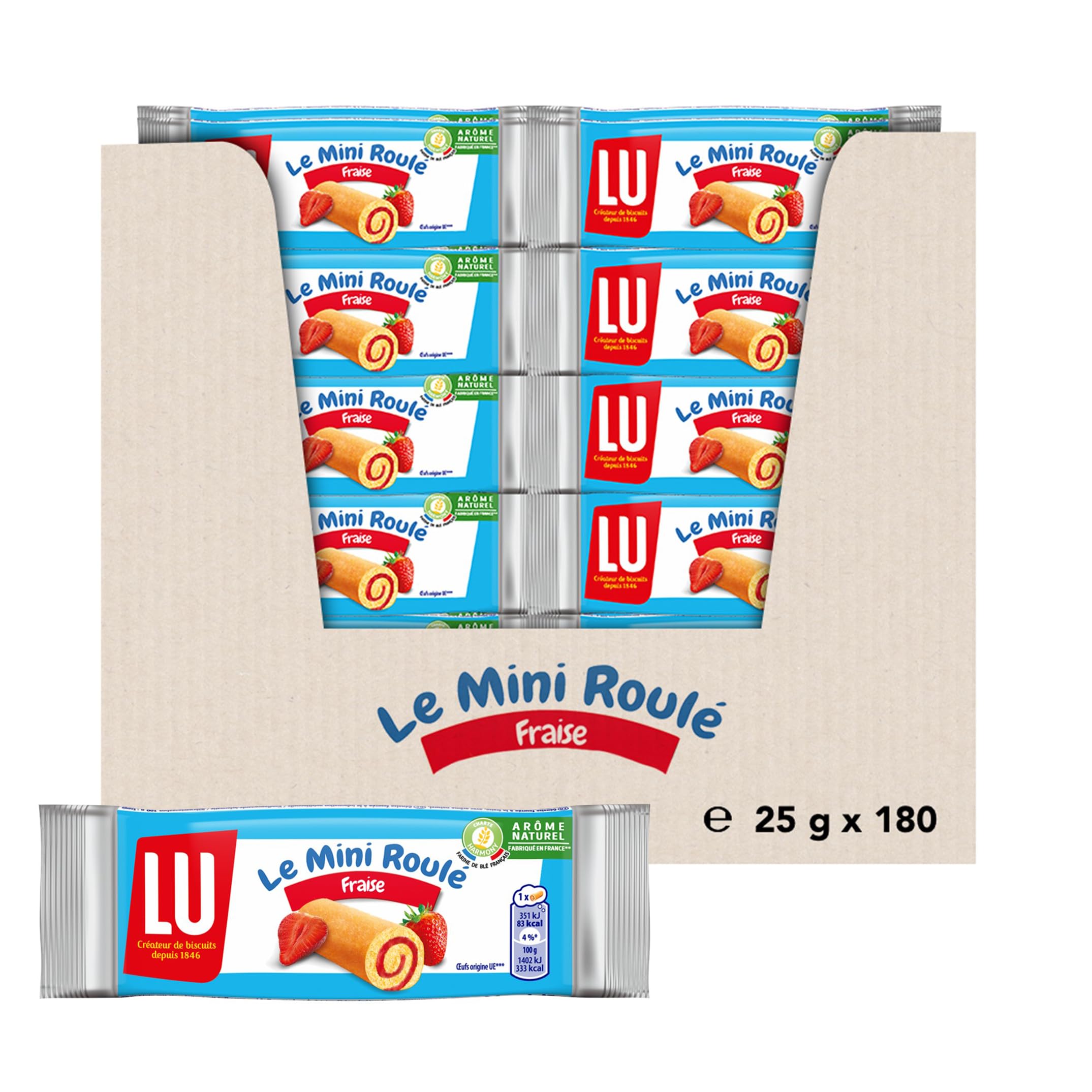 LU - LULU Miniroulés à la Fraise - Génoise Tendre et Moelleuse - Gâteau à la Fraise - Lot de Gâteaux Individuels - Idéal pour le Goûter des Enfants - Fabriqué en France - Pack de 180 Sachets de 25 g