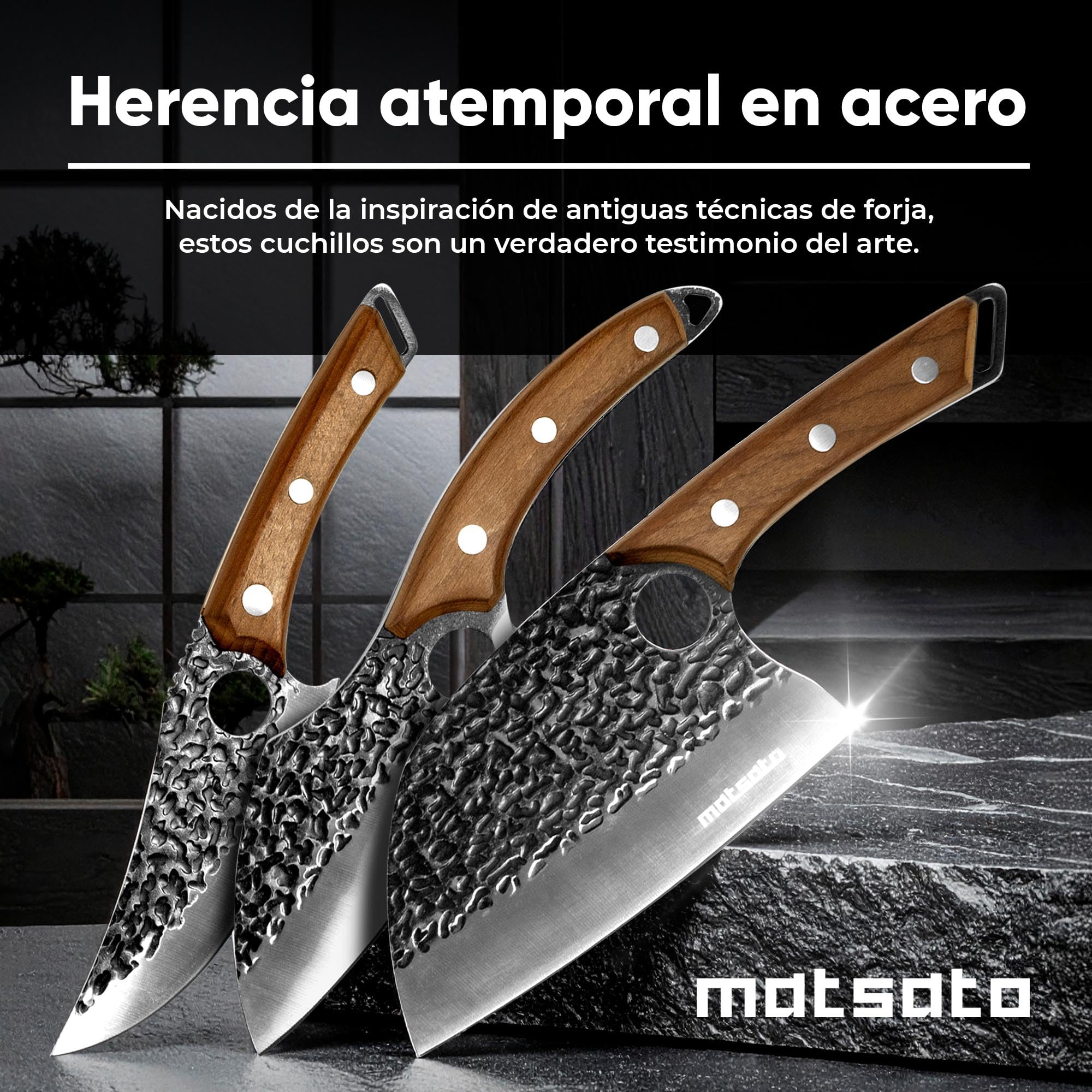 Matsato Juego 3 Cuchillos de Cocina Profesionales Mango Madera | Cuchillo chef, cuchillo para carne y cuchillo universal. Mango ergonómico de madera.