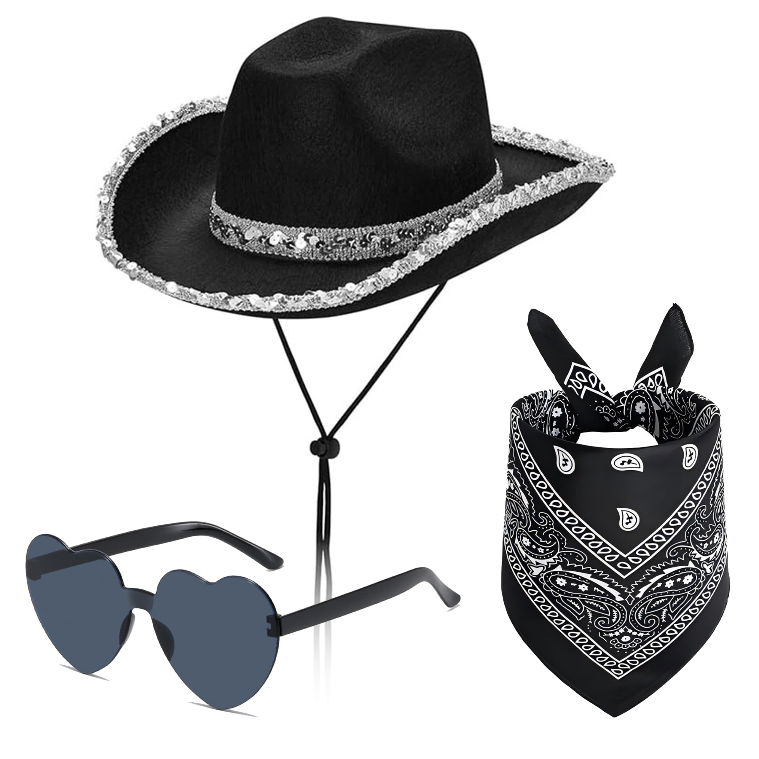 ZANVIKO 3 Piece Black Cowboy Hat Costume Set for Adults with Paisley Bandana and Novelty Sunglasses for Western, Rodeo, Halloween and Fancy Dress Parties (black)