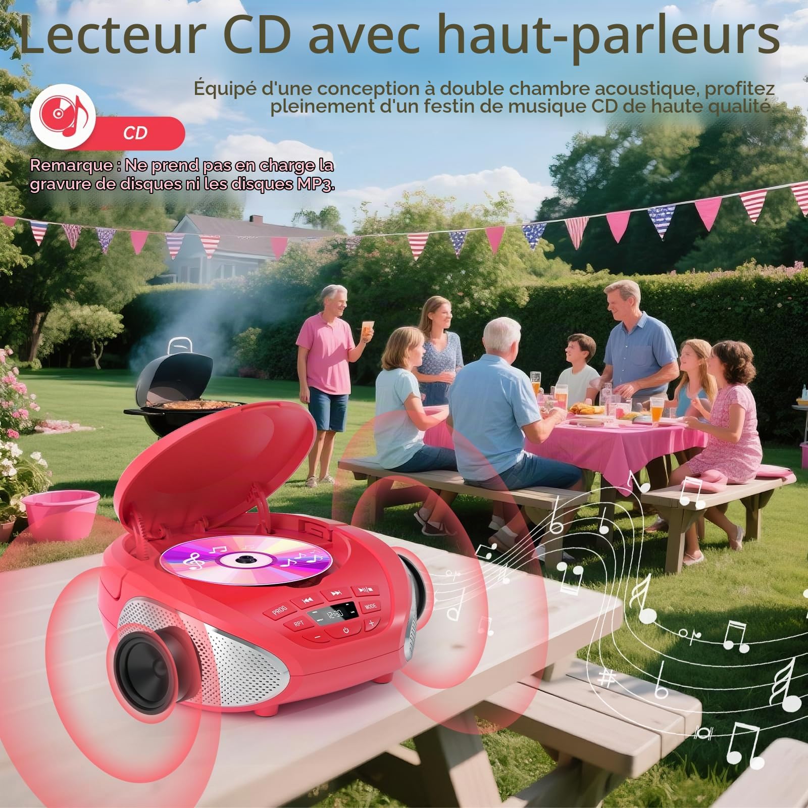 Gueray Lecteur CD Portable Boombox avec Haut-parleurs et Radio Rouge