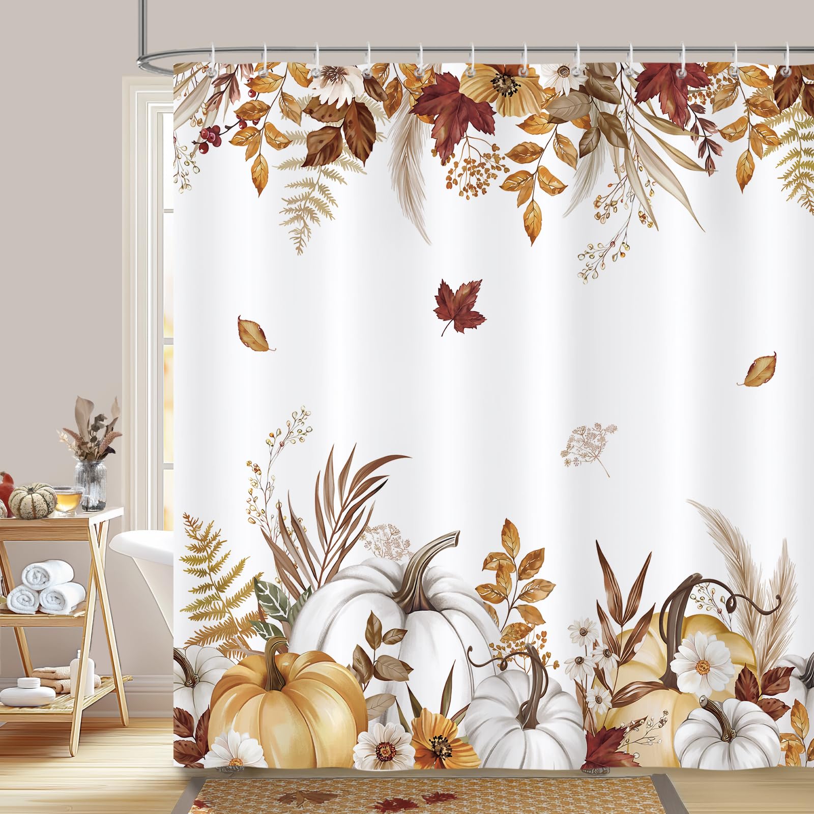 Bonhause Cortina de Ducha Otoño Calabaza Floral Hojas de Acuarela Marrón Acción de Gracias Cortina de Baño de Poliéster Impermeable Antimoho Lavable Cortina Ducha 180 x 180 cm con 12 Ganchos