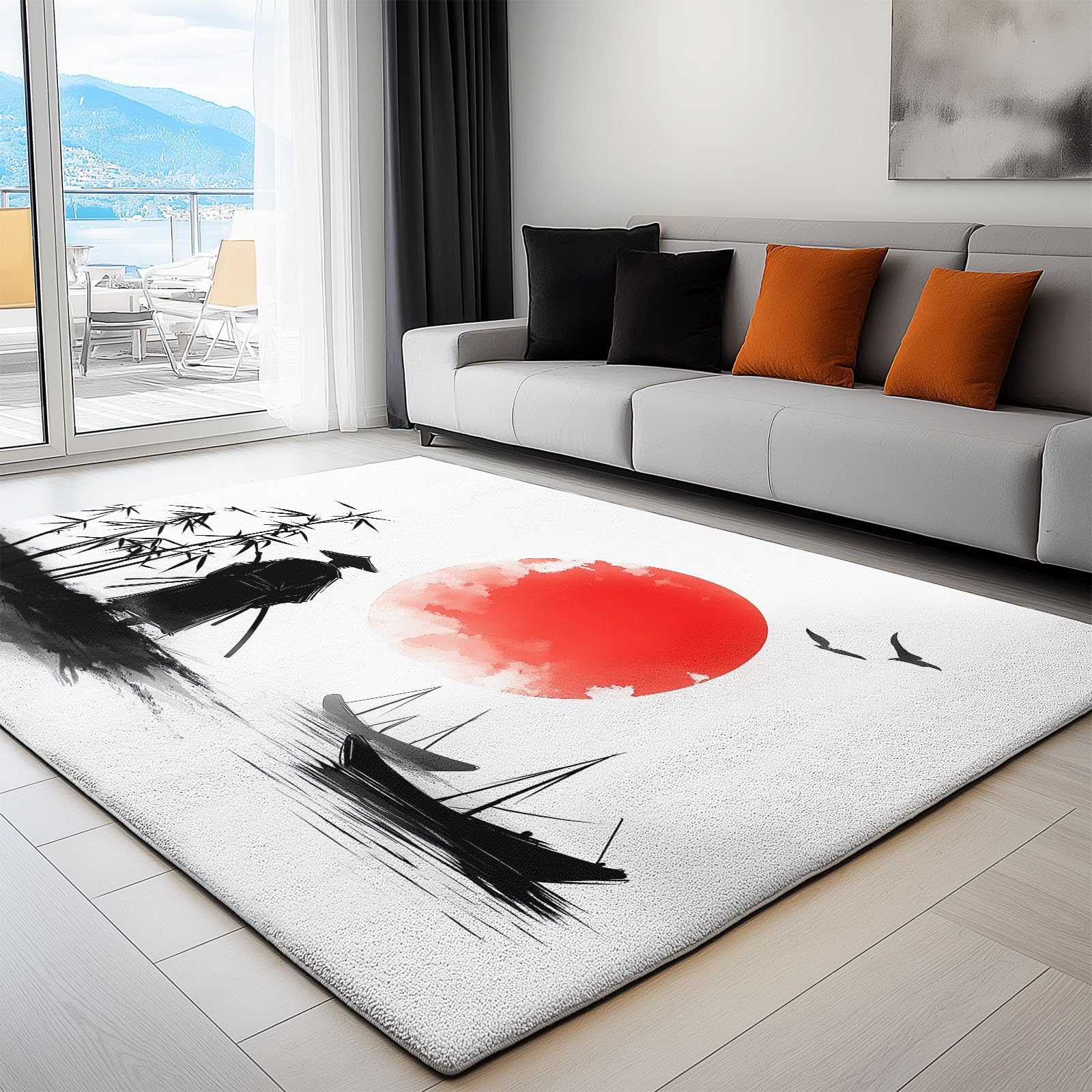 Genérico Alfombra Salon Samurái Japonés De Bambú Y Barco 160x230 cm Alfombras Habitacion Grandes Antideslizante Lavable Moderna, Dormitorio Sala Comedor Pie Cama Pelo Corto Carpet