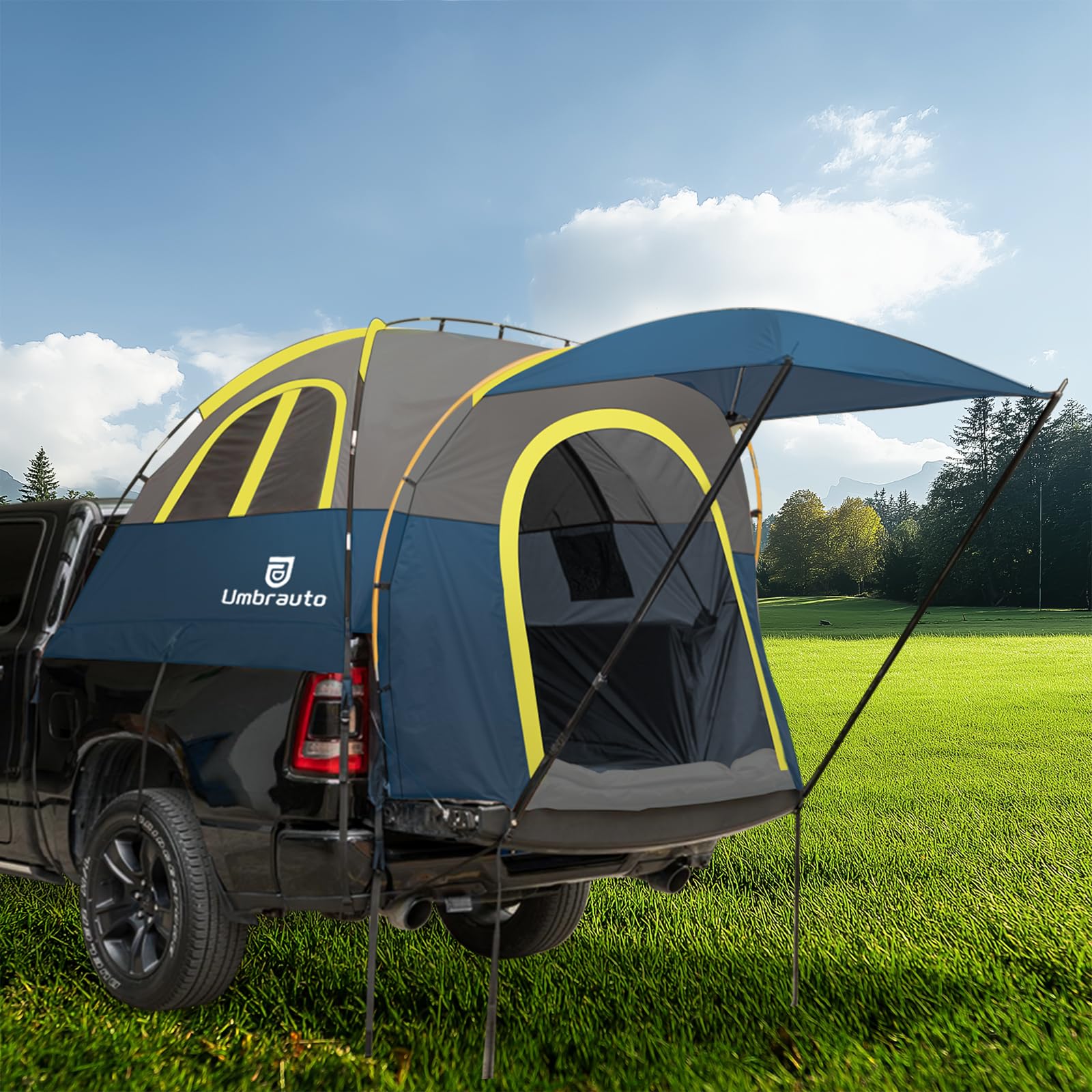 Photo 1 of Truck Bed Tent with Awning 5.5' ~ 5.8' Easy Set Up Umburato Pickup Truck Tents for Camping, Waterproof, for 2-3 Person, Chevy, Dodge, Ford, GMC, Navy Blue & Lime