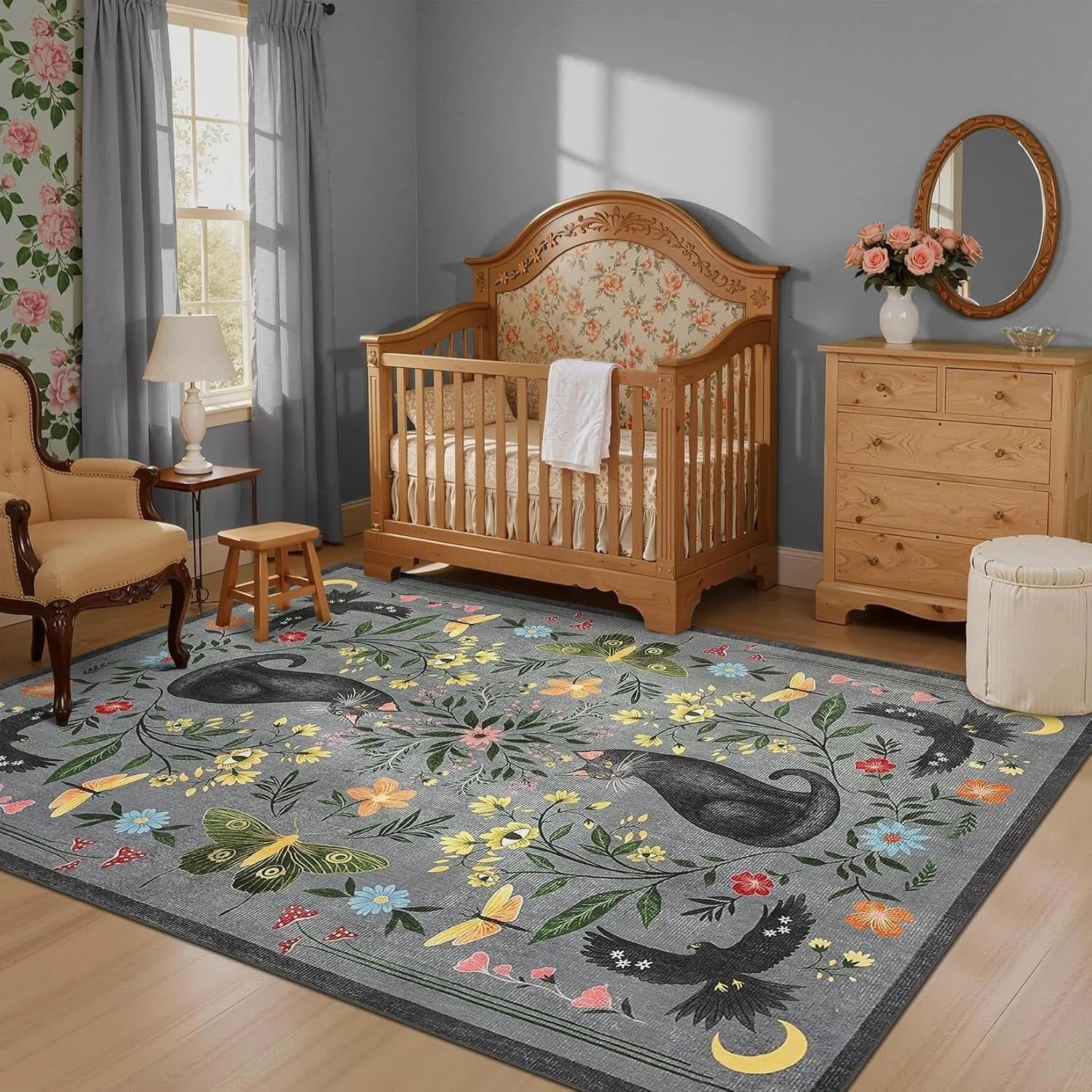 Bycmuoz Gothic Mystical Cat Area Rug for Living Room, 180x300cm, Witchcraft Moon Moth Botanical Indoor Carpet, Cozy Breathable Anti Slip Rugs, Washable Absorbent Pet Friendly Mat for Runner