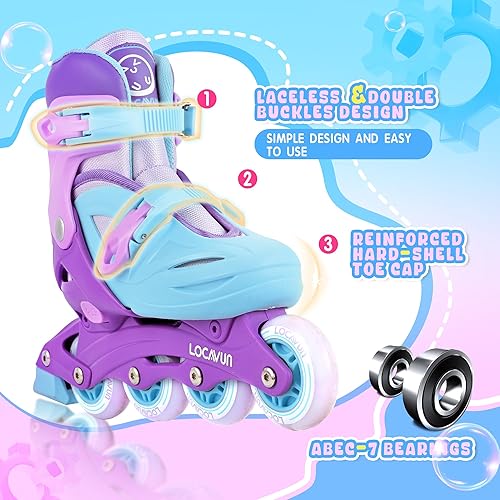Miniatura 2 de Patines en línea ajustables con luz para niños, mejor protección, patines de fitness para niñas y niños (morado, mediano - (EE.UU. 13C-3Y)) Azul