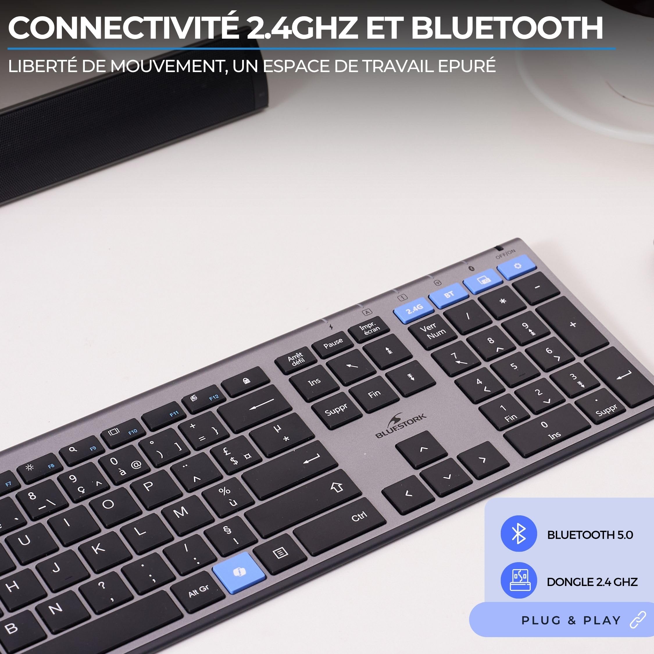 Bluestork - Set tastiera mouse wireless ricaricabile grafica V3 - Tastiera wireless, Connessioni 2.4GHz e Bluetooth, Ultra-sottile, batteria 110H, AZERTY FR, mouse 3200 DPI -Windows/IA Copilot