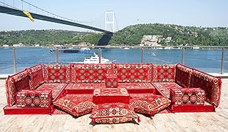 U Shaped Red Arabic Floor Sofa Set, Floor Cushions, Balcony Patio Sofas, Pallet Sofa, Ethnic Sofa, Moroccan Sofas, Sectional Sofas, Pouffs (U Sofa Only)