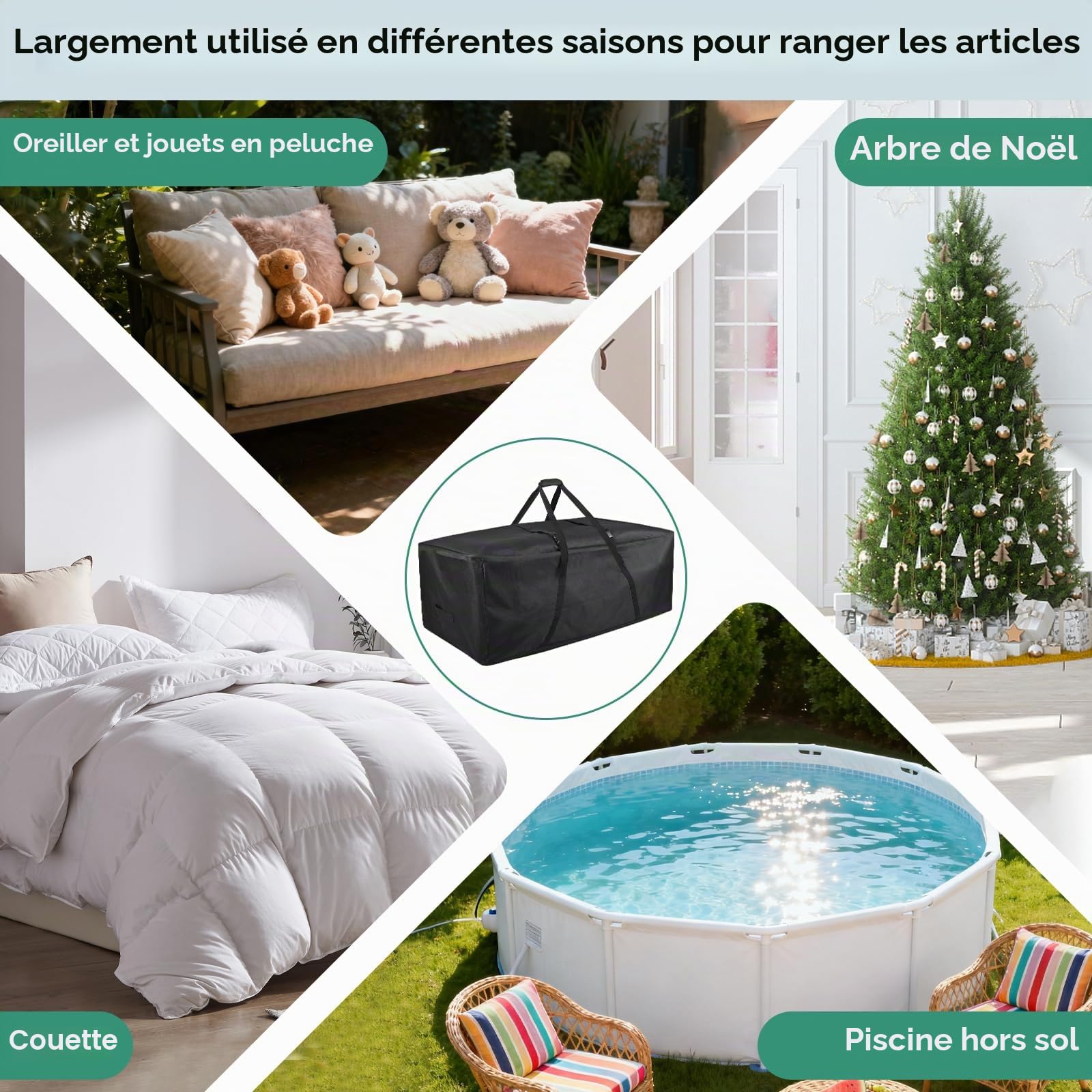 FAMIROSA Sac de Rangement pour Coussins de Jardin et Sac de Rangement imperméable, Anti-UV Tissu 600D Oxford, Fermeture éclair Durable et poignées pour Coussins d’extérieur (172x76x51cm)