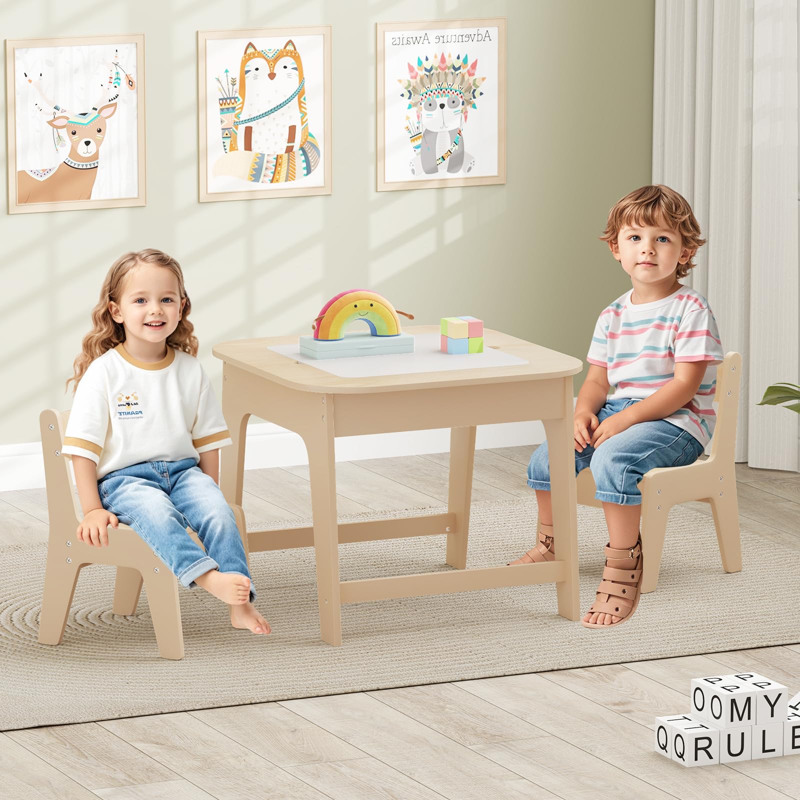 COSTWAY Set Tavolo e 2 Sedie per Bambini, con Lavagna Reversibile, Tavolo Multiattività con Vano Portaoggetti Nascosto e Sedie, per Bambini da 3-6 Anni, per Cameretta e Soggiorno (Giallo)