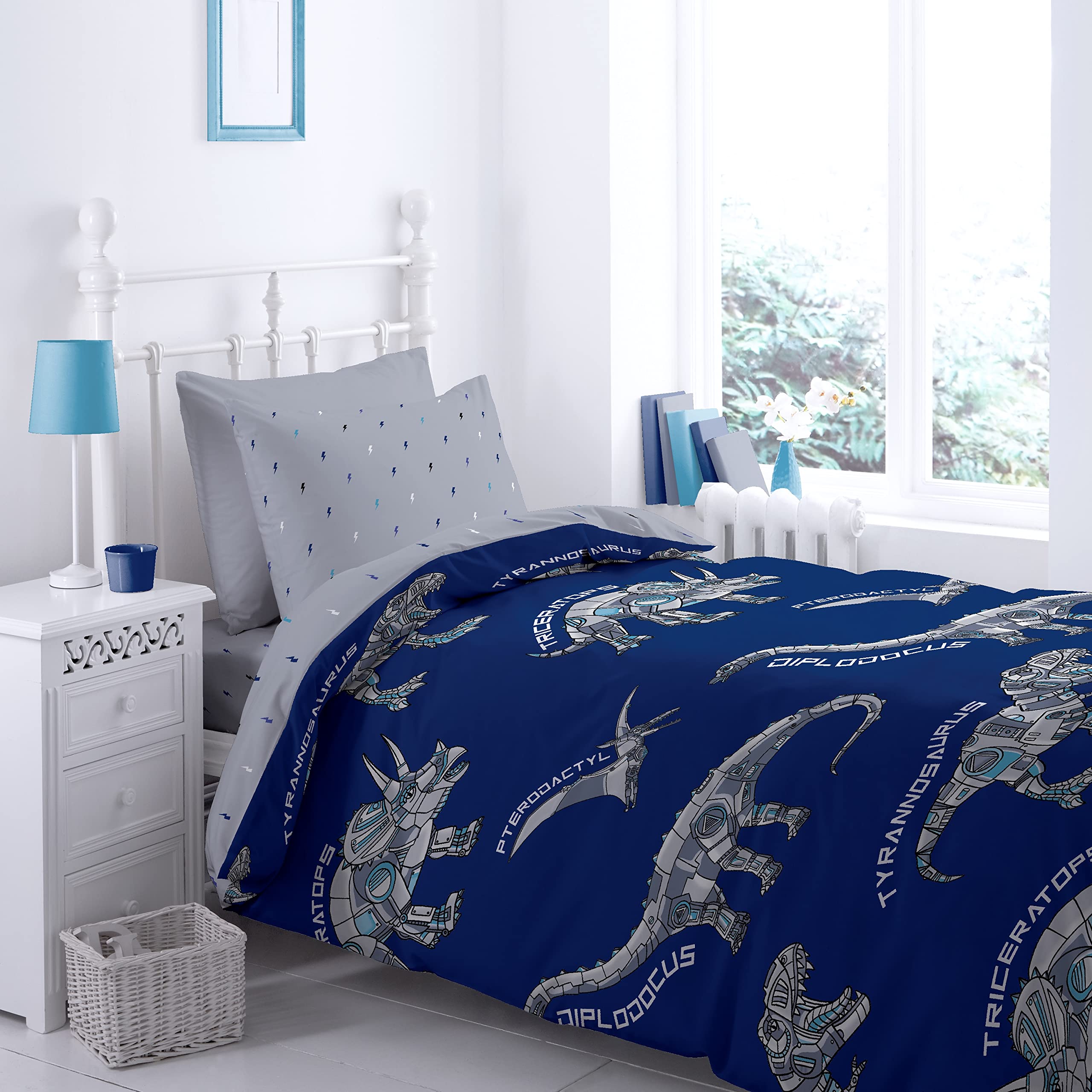 Catherine Lansfield Dinobot Duvet Cover Set 160 x 220 + 50 x 110 cm + Fitted Sheet White 90 x 200 cm, Blue, 160x220+50x110+90x200