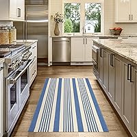 Vista 6 de OJIA Alfombra de exterior azul y blanca de 3 x 5 pies, tejida a mano, lavable de algodón, a rayas, para interiores y exteriores, alfombra de piso