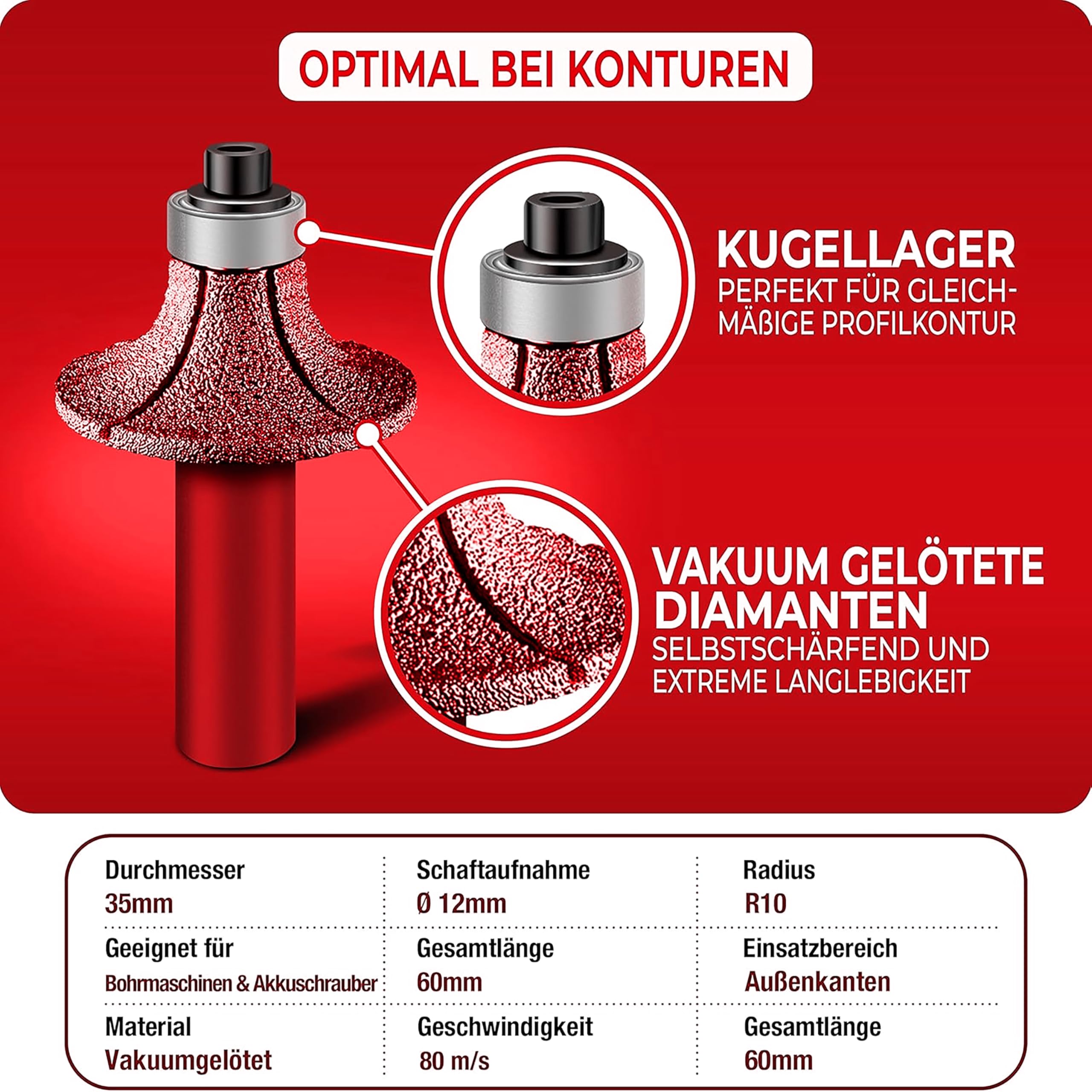 Fraise à arrondir diamantée 35 mm × R10 – Pour l’arrondi des carreaux durs, grès cérame, granit, marbre, etc. – Fraise à rayon et à profiler R10