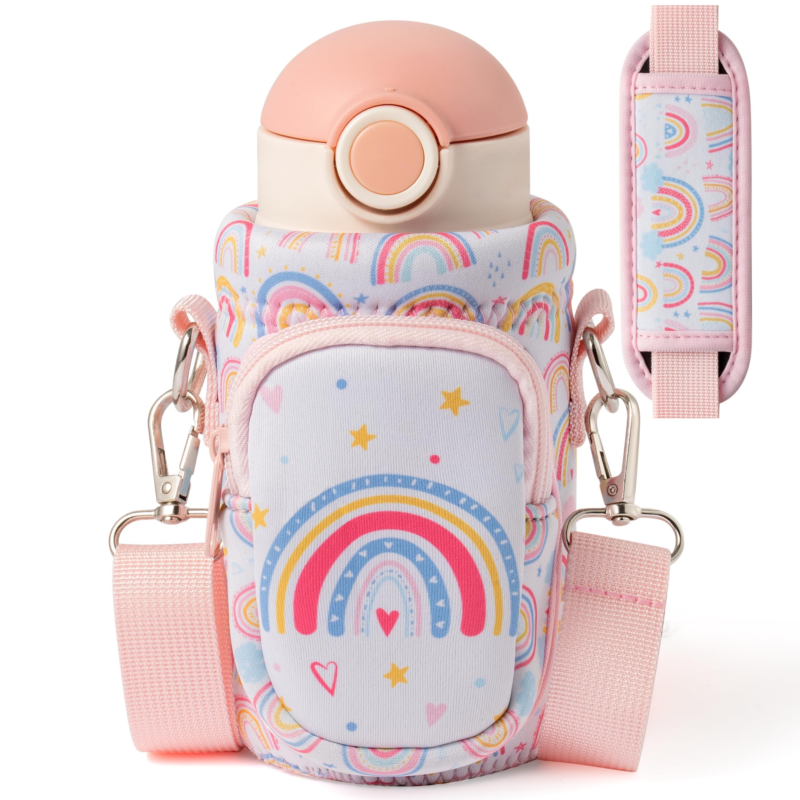 Kids Water Bottle Carrier Bag - Rainbow Neoprene, Adjustable Strap, Padded Pocket - View #3