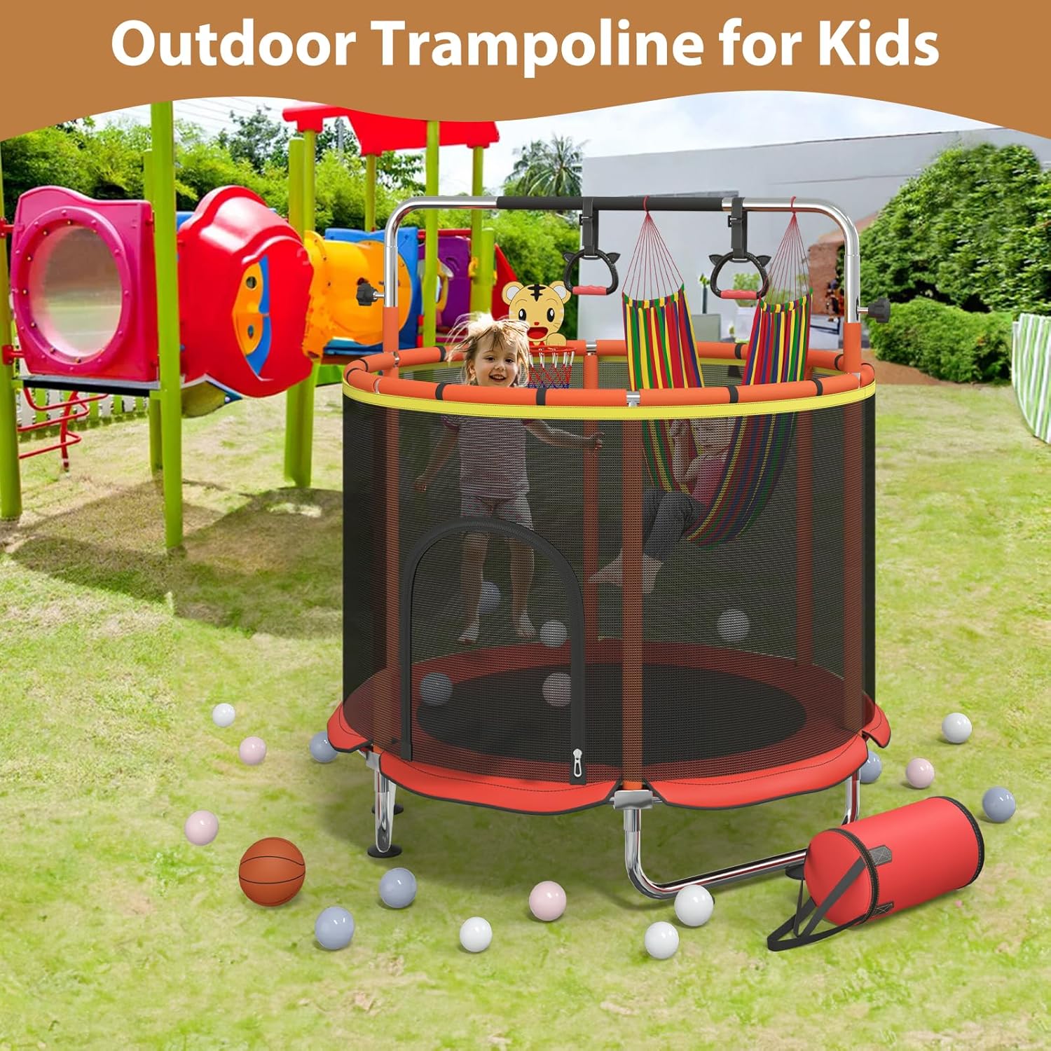60" Trampoline for Kids with Safety Net, 440lbs Indoor & Outdoor Toddler Trampoline with Swing, Adjustable Gym Bar & Basketball Hoop, Fun & Active Play for Boys & Girls