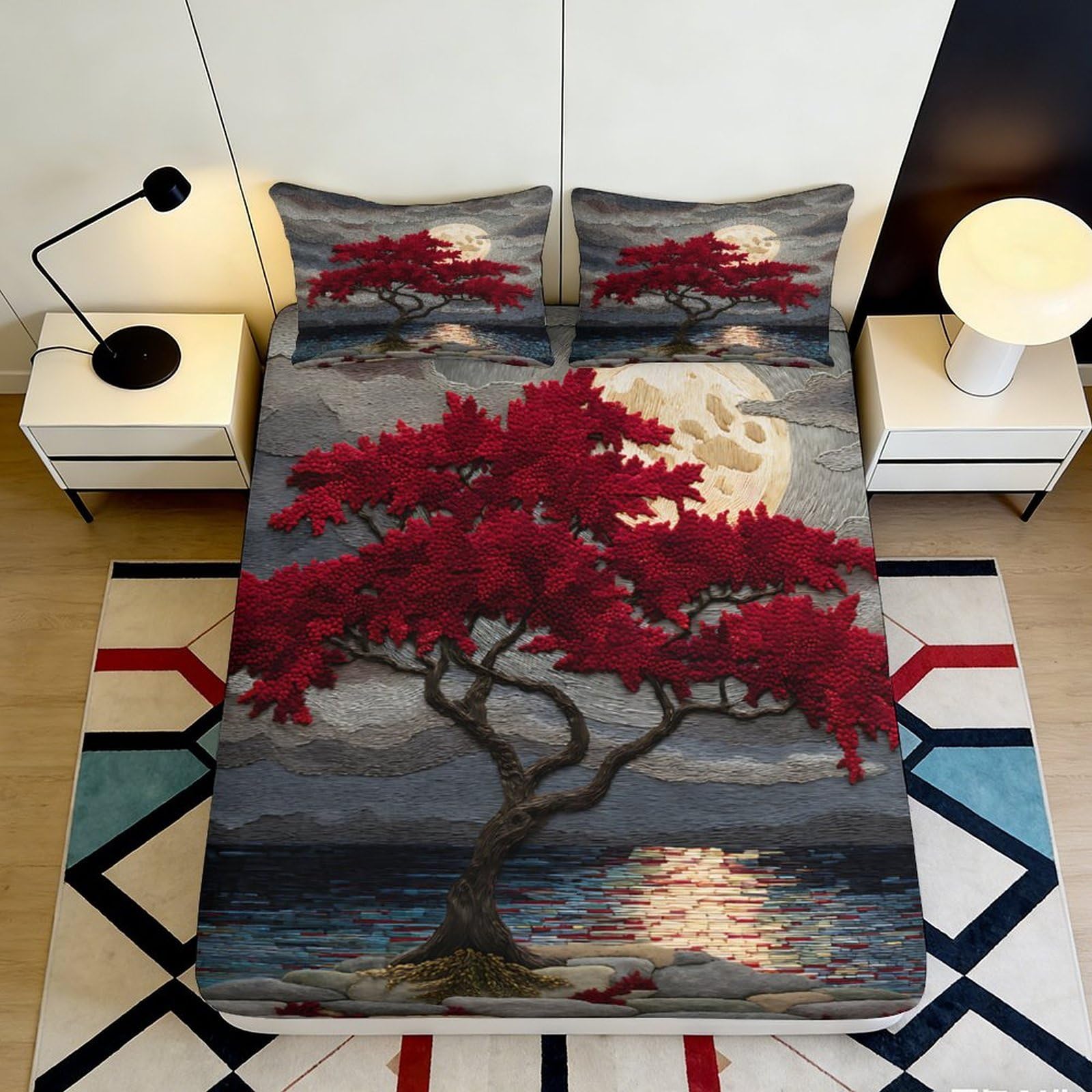 Uynsixtme Style-3 3D Printed Red Tree Landscape Fitted Sheet Microfiber Deep Pocket Bedroom Bedding Red Tree Mattress Fitted Cover For Adults Teens 200X200x25cm
