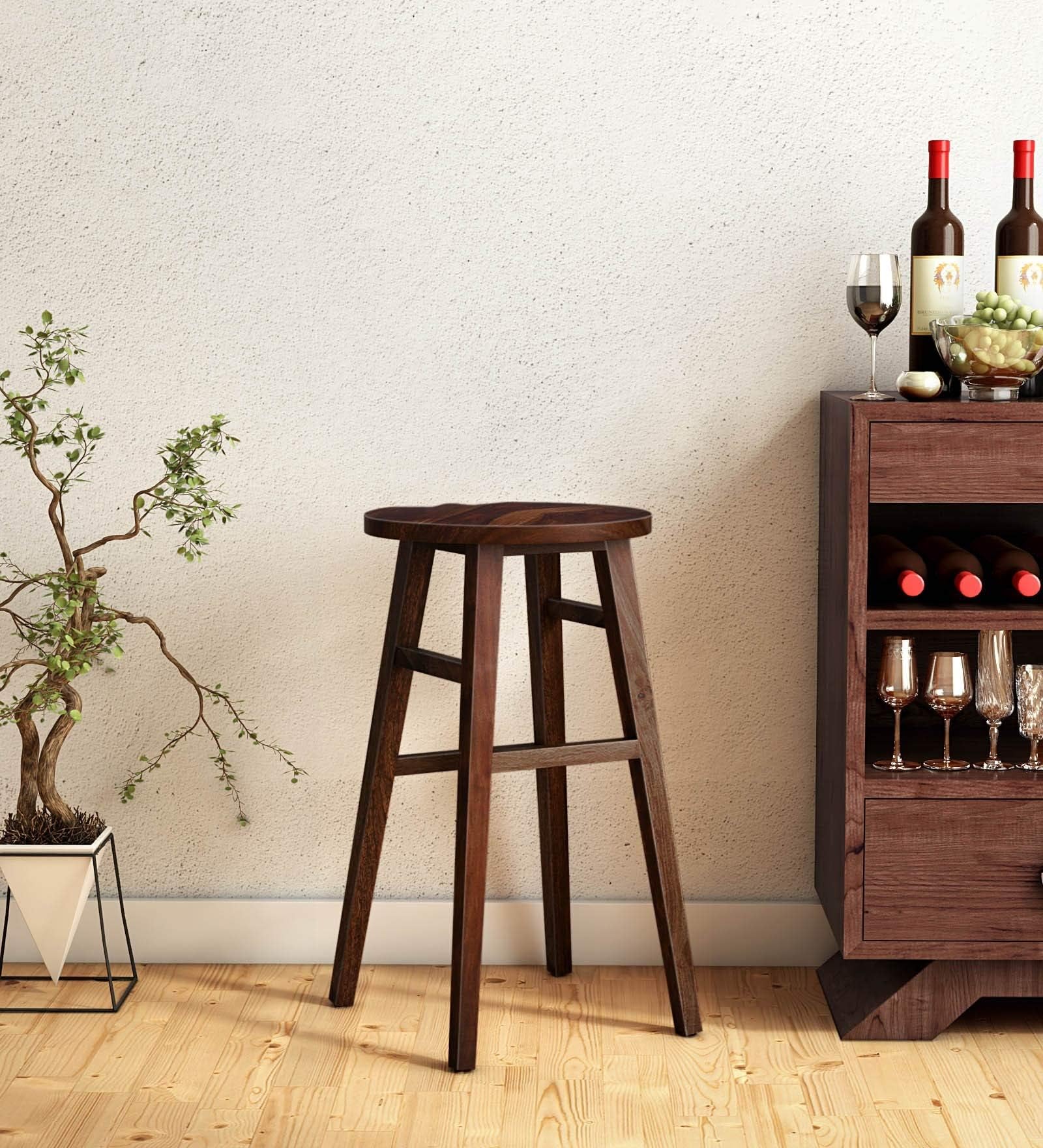 Custom Decor Solid Sheesham Wooden Japanese Style Bar Stool - Walnut Finish