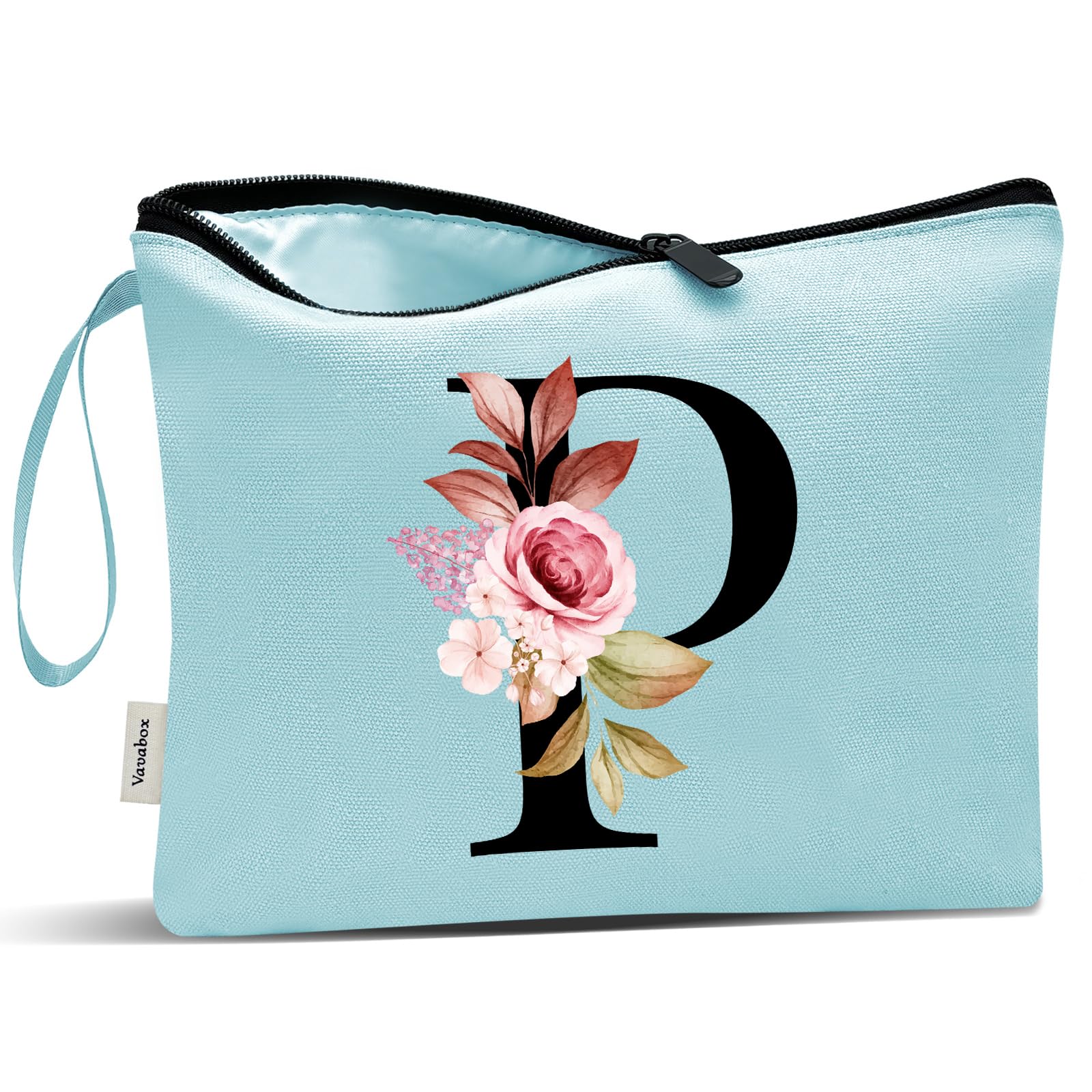 Vavabox A-Z Personalized Makeup Bag, Birthday Gifts for Women Mom, Gifts for Best Friend, Bride Bridesmaid Cosmetic bag (P, Aqua)