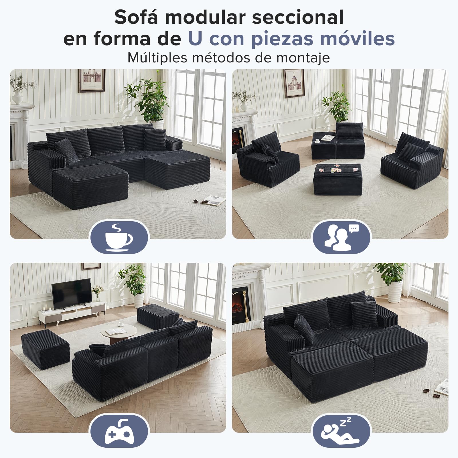 Sofá Modular en U 262cm - Sofá Nube sin Montaje - Sofá Boneless con Espuma de Alta Resiliencia - Sofá de Esquina Moderno para Salón y Estudio, Gris