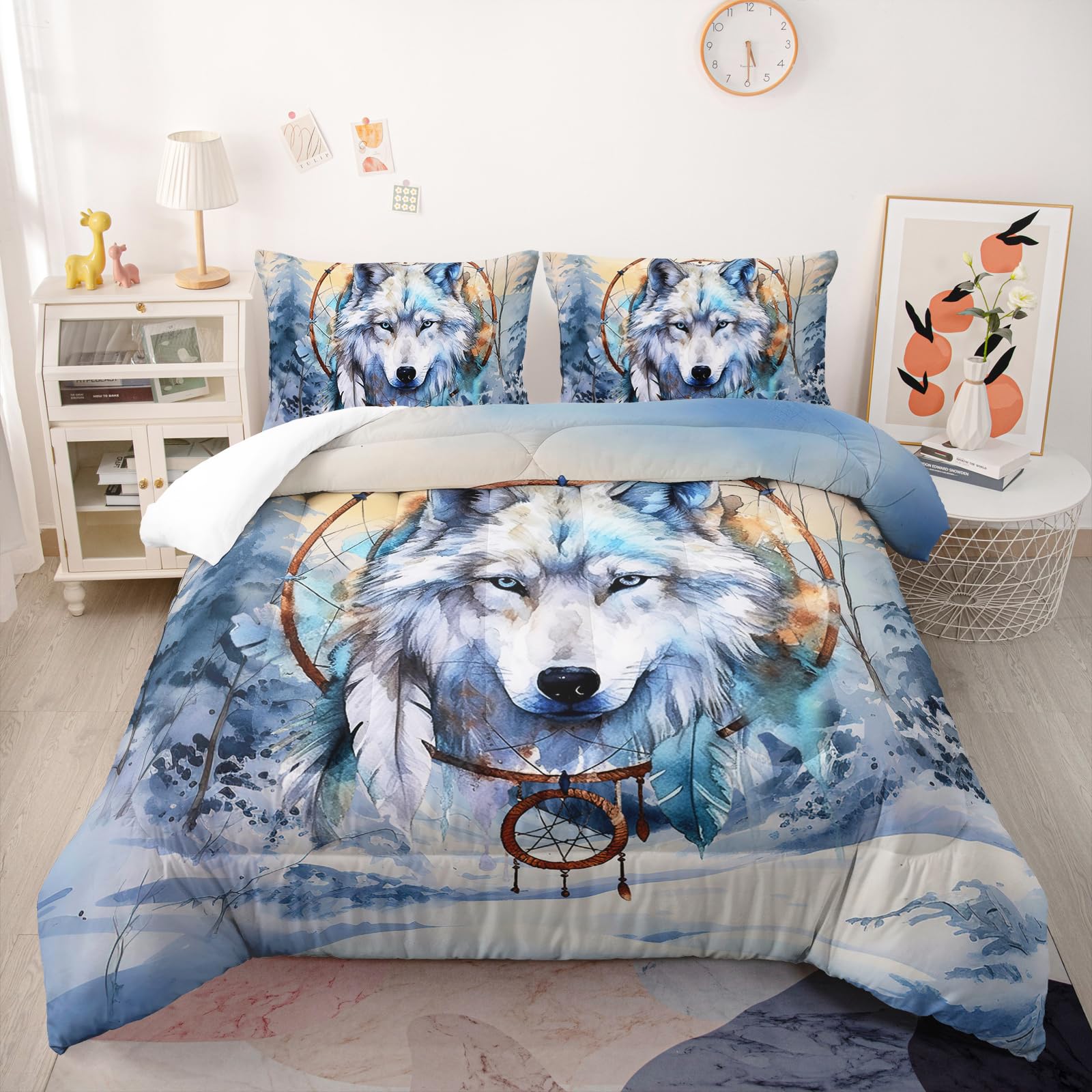 Nttopship White Wolf Comforter Sets Twin Size for Kids,White Wolves 3D Cartoon and Dream Catchers Comforter Sets All Season 1 Comforter and 2