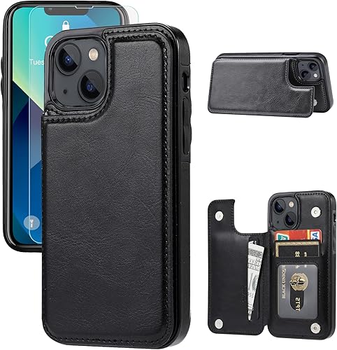 Funda tipo cartera compatible con iPhone 13, funda protectora delgada con tarjetero, cuero PU con soporte y ranuras para tarjetas con un cristal