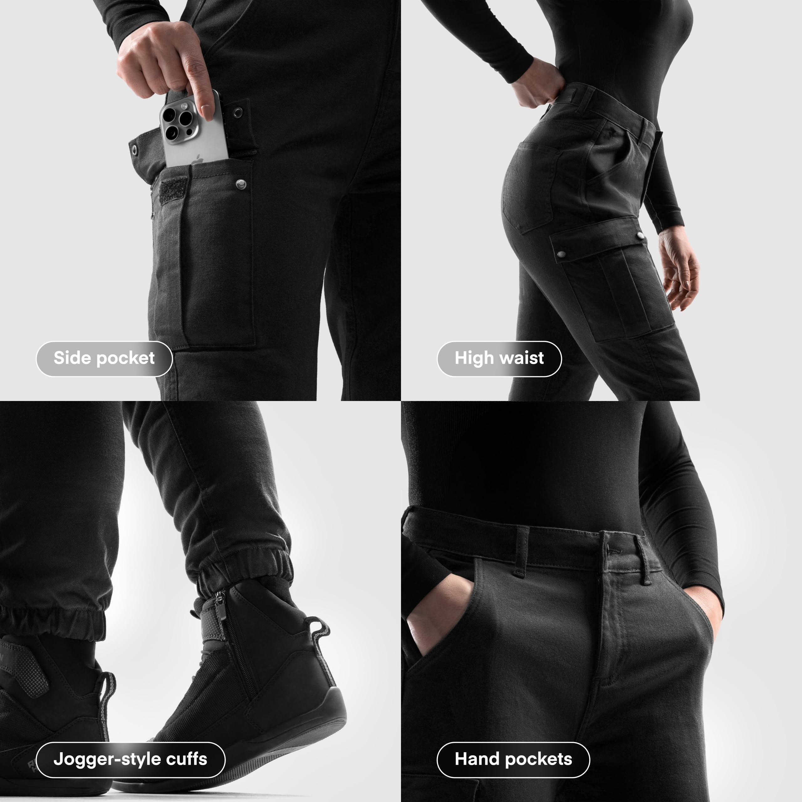 REBELHORN Faster Lady Motorradjeans Damen | Aramidfaser Futter | Knie und Hüftprotektoren Stufe 2 | Tasche für Steißbeinprotektor | Cargotasche | Tapered Fit