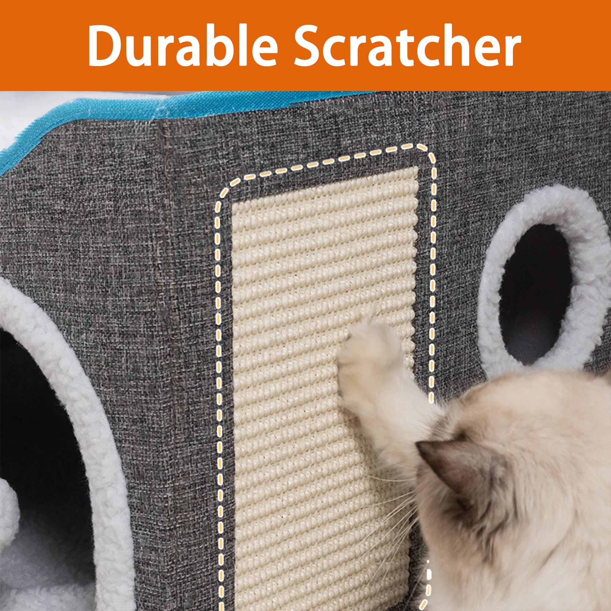 Loyareal Cat Houses for Indoor Cats - Large Cat Bed Cave with Scratch Pad and Fluffy Ball, Foldable Cat Condo Hideaway with Reversible Cushion for Multi Small Pet, Light Grey 2
