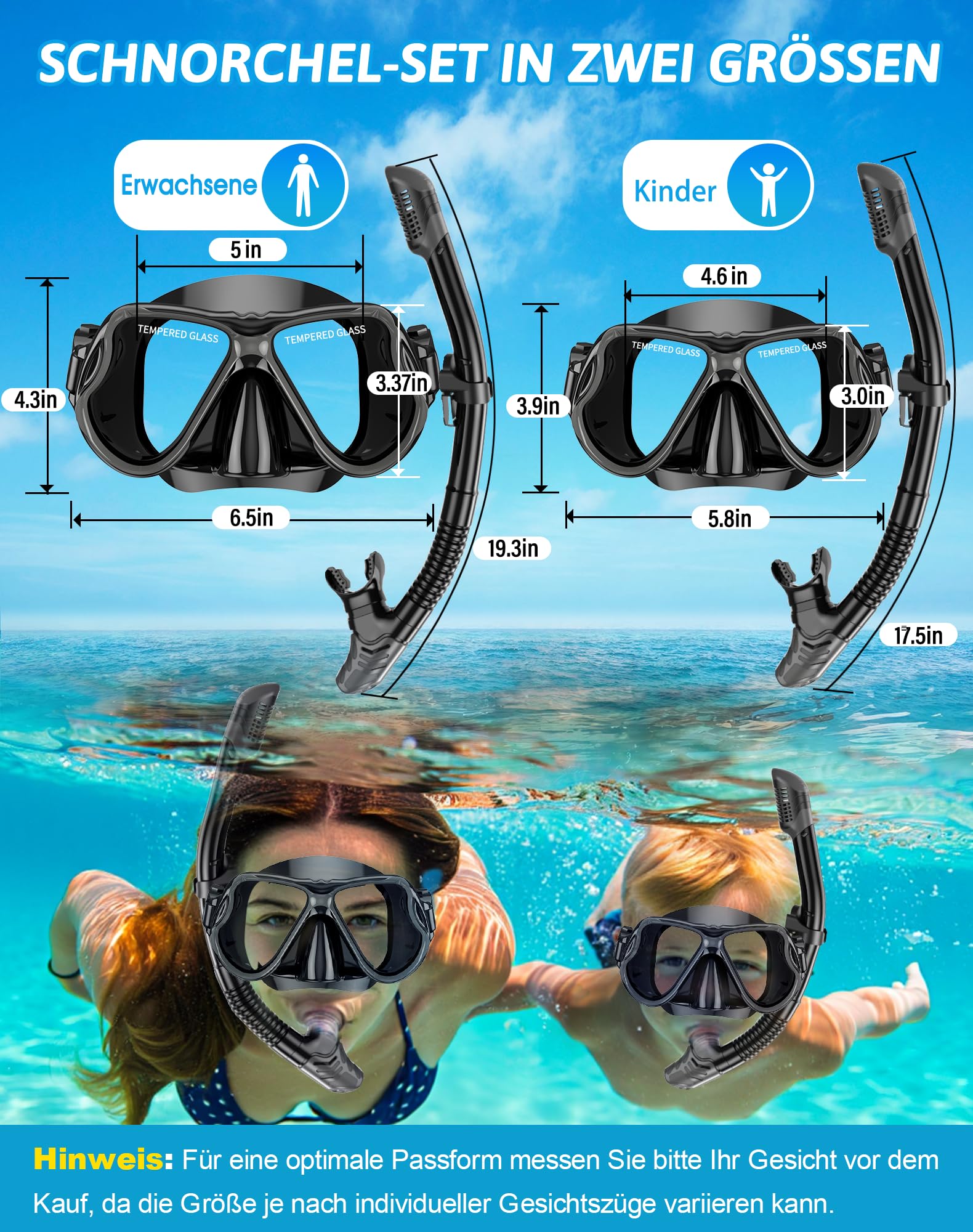 QcoQce Schnorchelset für Erwachsene, Trocken Schnorchel mit Anti-Fog und Anti-Leck Tauchmaske aus Gehärtetem Glas, Panorama Sicht und Leichtes Atmen für Schnorcheln und Tauchen