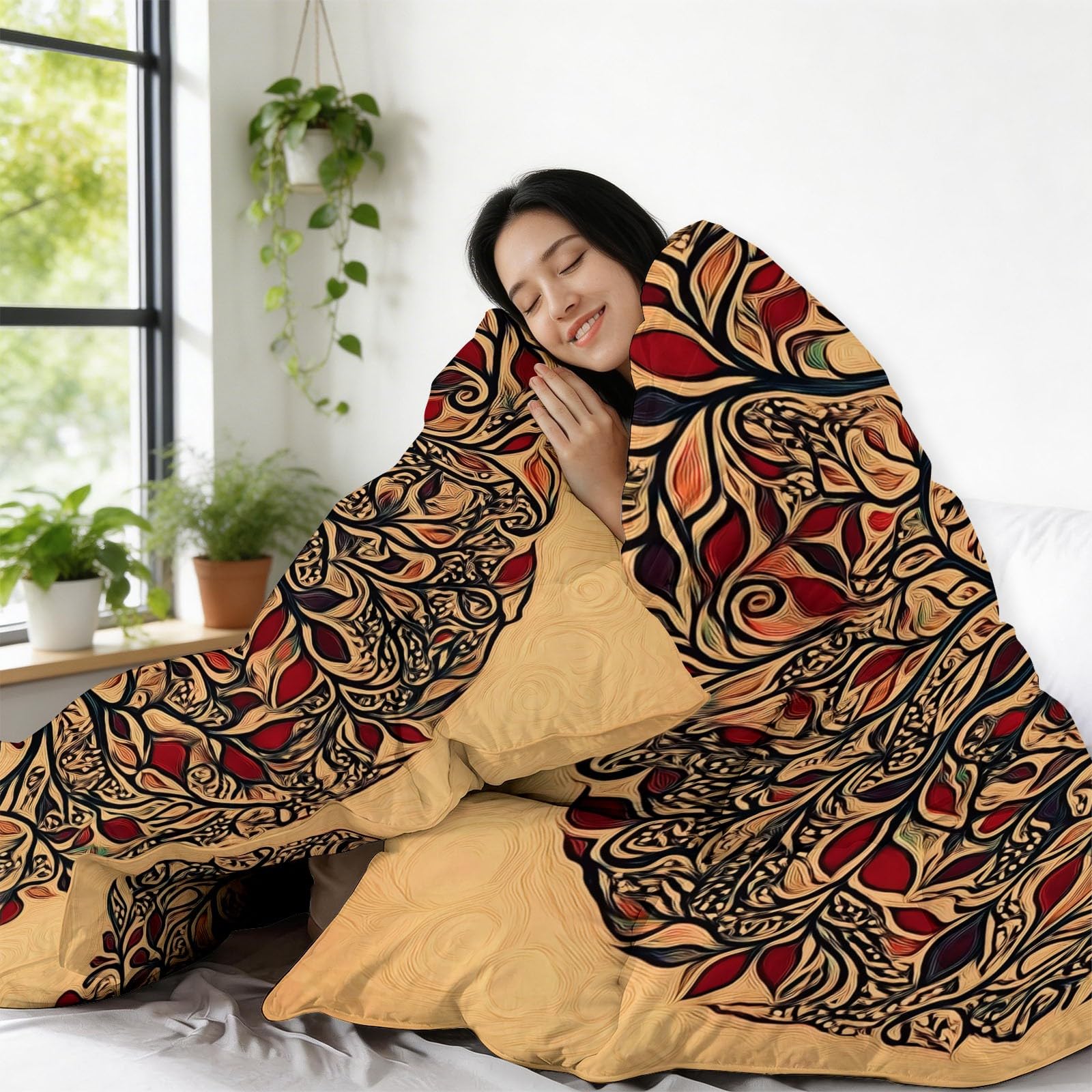 Trapunta Stampa 240 x 260 cm Silhouette Albero Della Vita Mandala Completo copripiumino Matrimoniale/Singolo in Microfibra Morbida – Traspirante, Anallergica & Lavabile – Trapuntatura a Rombi, Beige