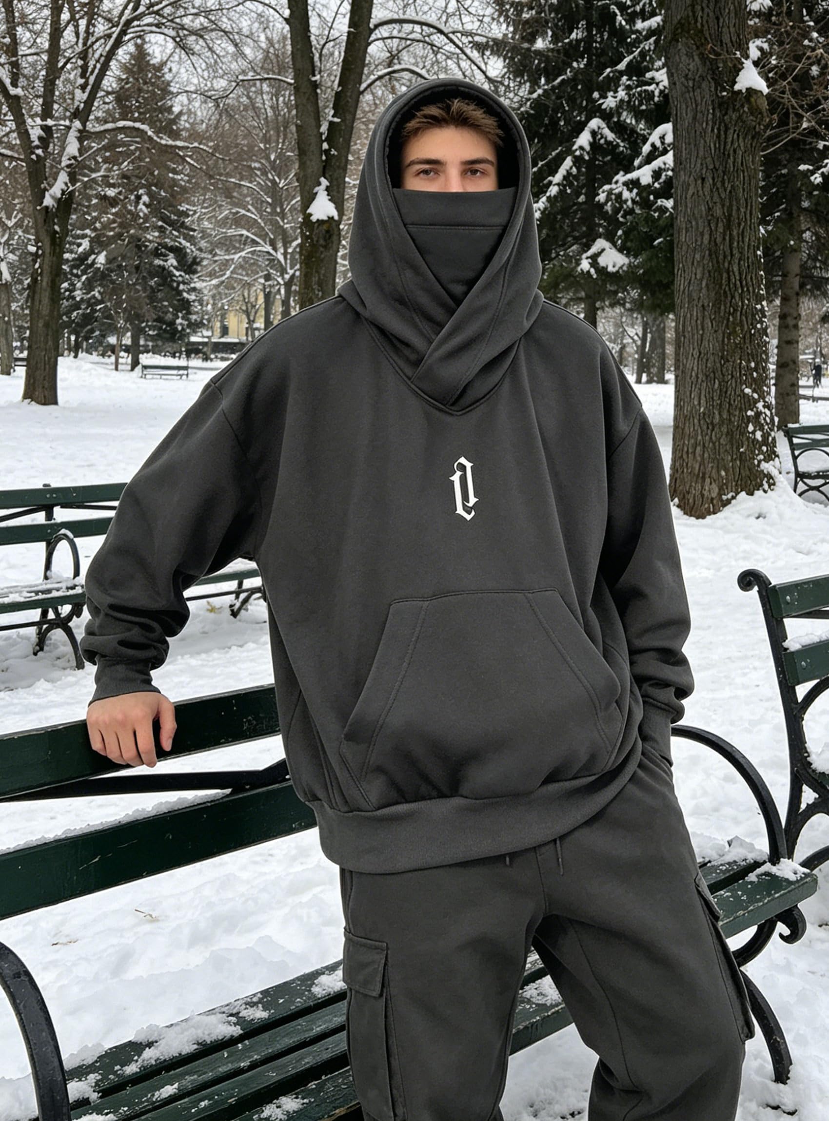 Hoodie Herren Oversize Rollkragen Fleece Pulli mit Maske