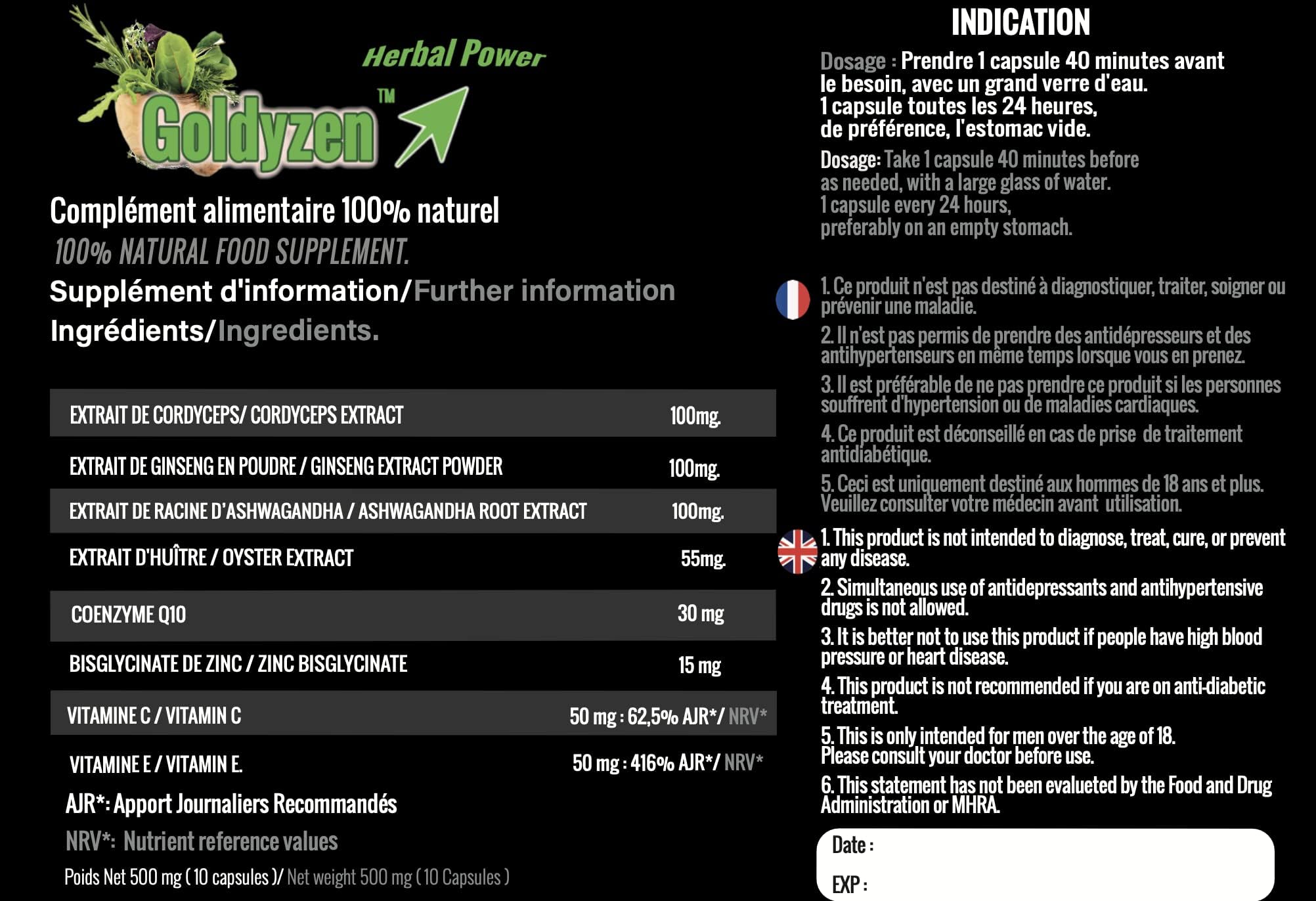 Goldyzen Herbal Power - Compléments alimentaires à base de plantes pour hommes, Au complexe de Ginseng- Augmentation de la énergie, performance
