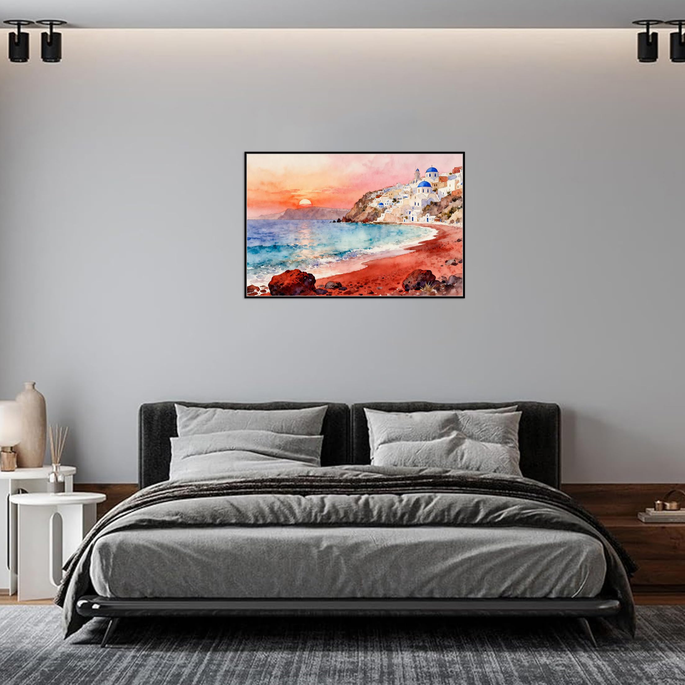OZPWBVY Meer Leinwandbild-Greece Strand Sonnenuntergang-Küsten Landschaftsbilder für Wohnzimmer Schlafzimmer Fertig zum Aufhängen 80x120cm Goldener Rahmen