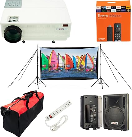 Backyard Theater Kit | Recreation Series System | 9' Front and Rear Projection Screen with 1080p HD Savi 4000 lumen Projector, Sound System, Streaming device w/WIFI (EZ-950)