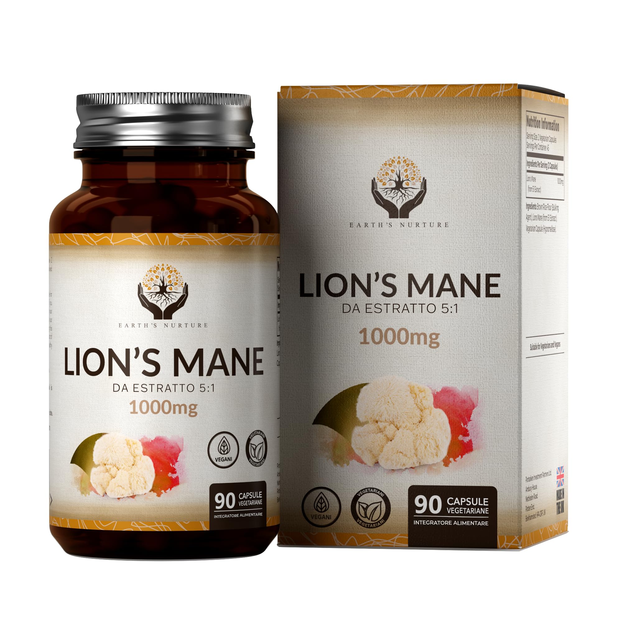 EN Lions Mane | 1000mg Lion's Mane per Dose | Alta Potenza Fungo Criniera di Leone - 90 Lion-Mane Mushroom Capsules | Non-OGM, Senza Glutine e Allergeni | Prodotto nel Regno Unito