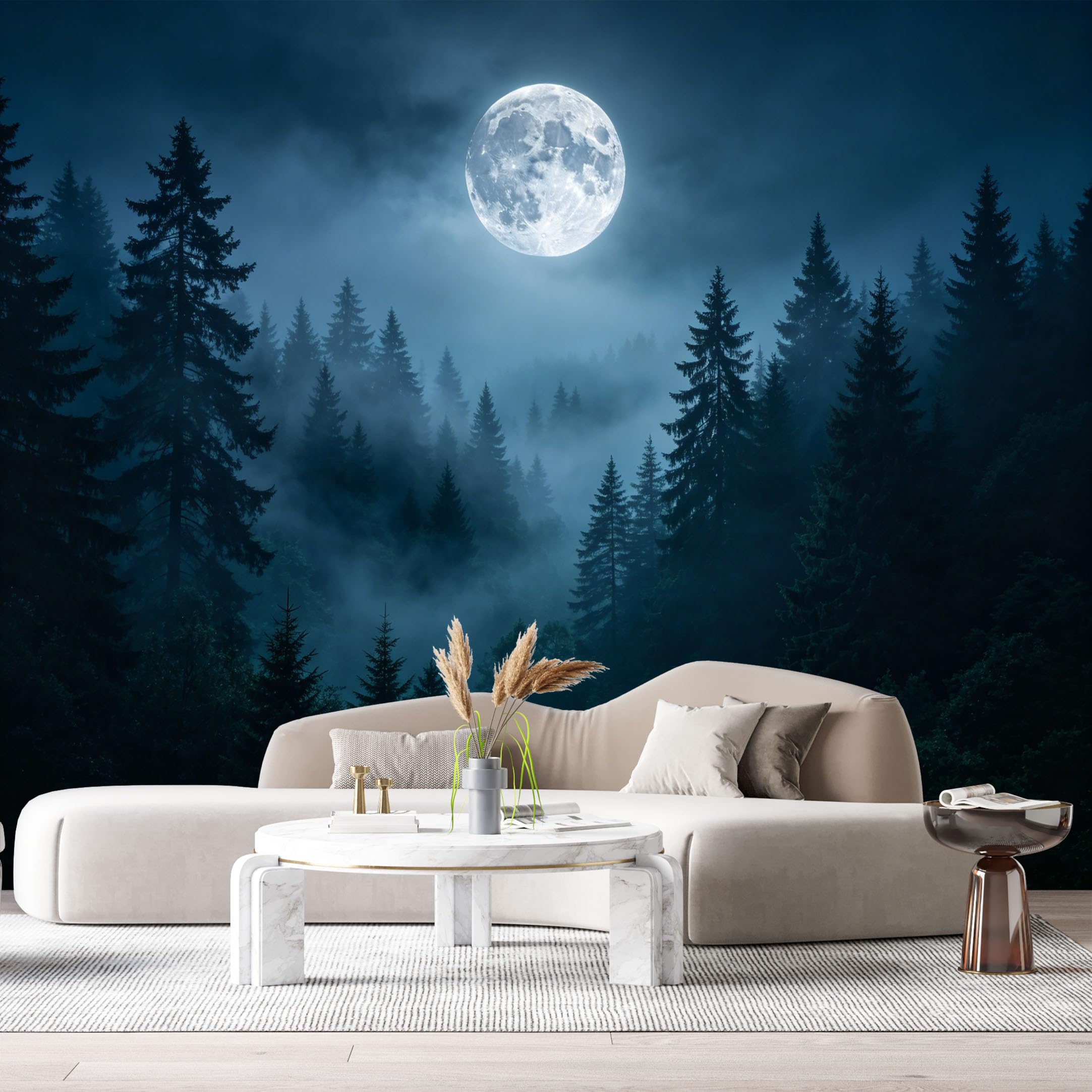 Custom Size Wall Murals Moonlit Forest Landscape Night Sky Misty Trees SelfAdhesive Wall Fabric Removable Large Wallpaper for Photo Living Room