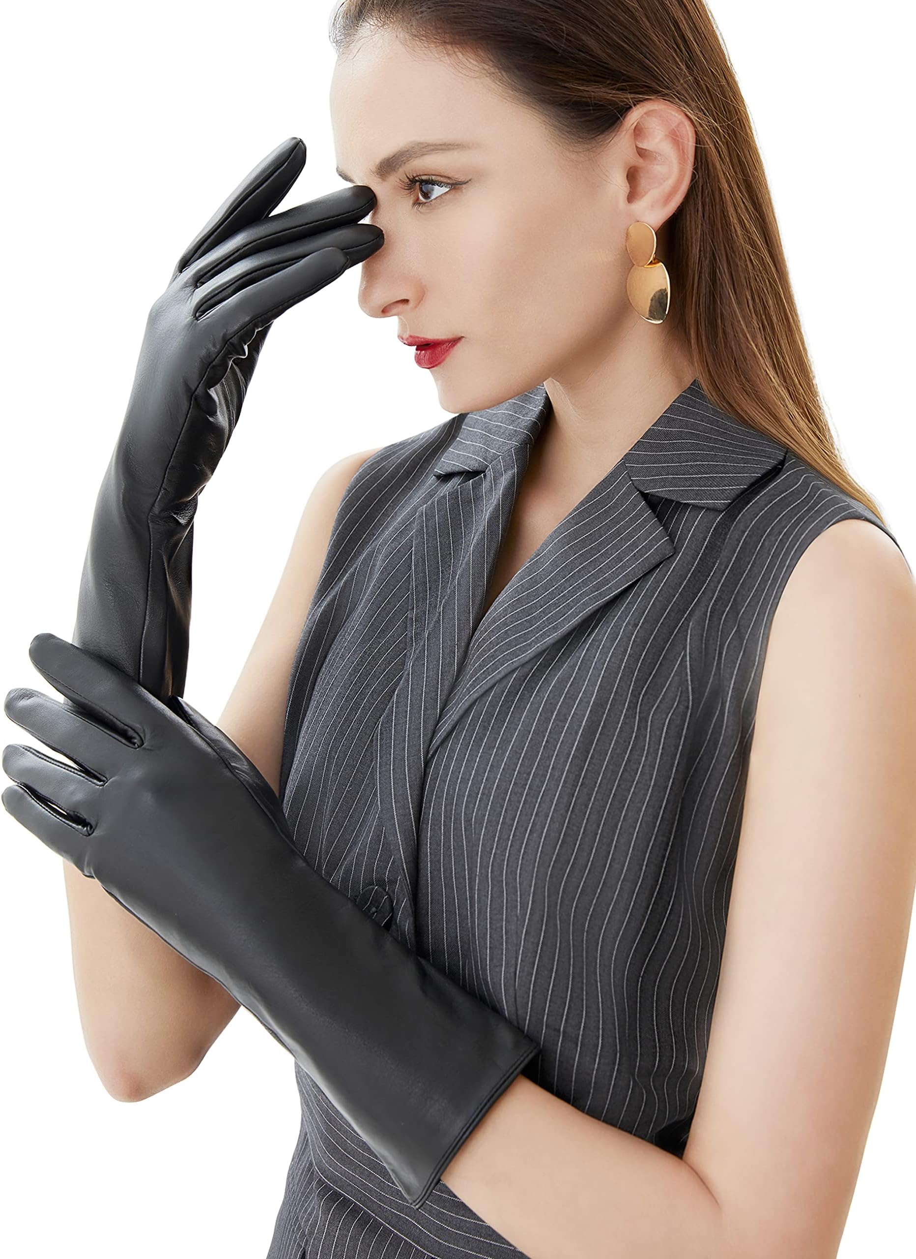 Long Genuine Leather Gloves for Women Full Touchscreen Winter Warm Lined Elegant Type