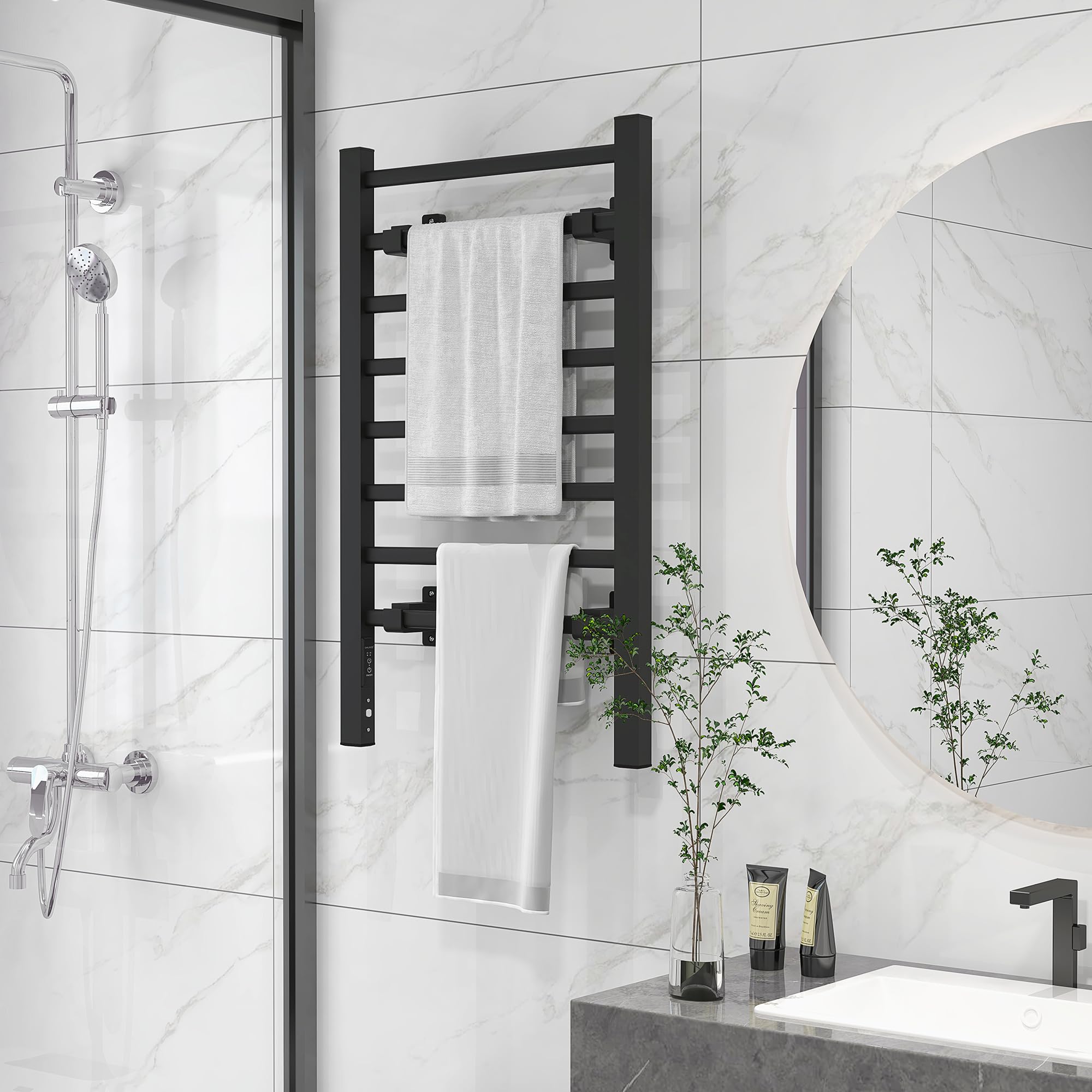 HOMCOM Calorifero Scaldasalviette da Terra o Parete 150W 53x35x90cm Nero | Porta Asciugamani Riscaldato Elettrico per Bagno, Lega di Alluminio, 8 Barre, Timer da 2 o 4 Ore, Resistente all'Acqua