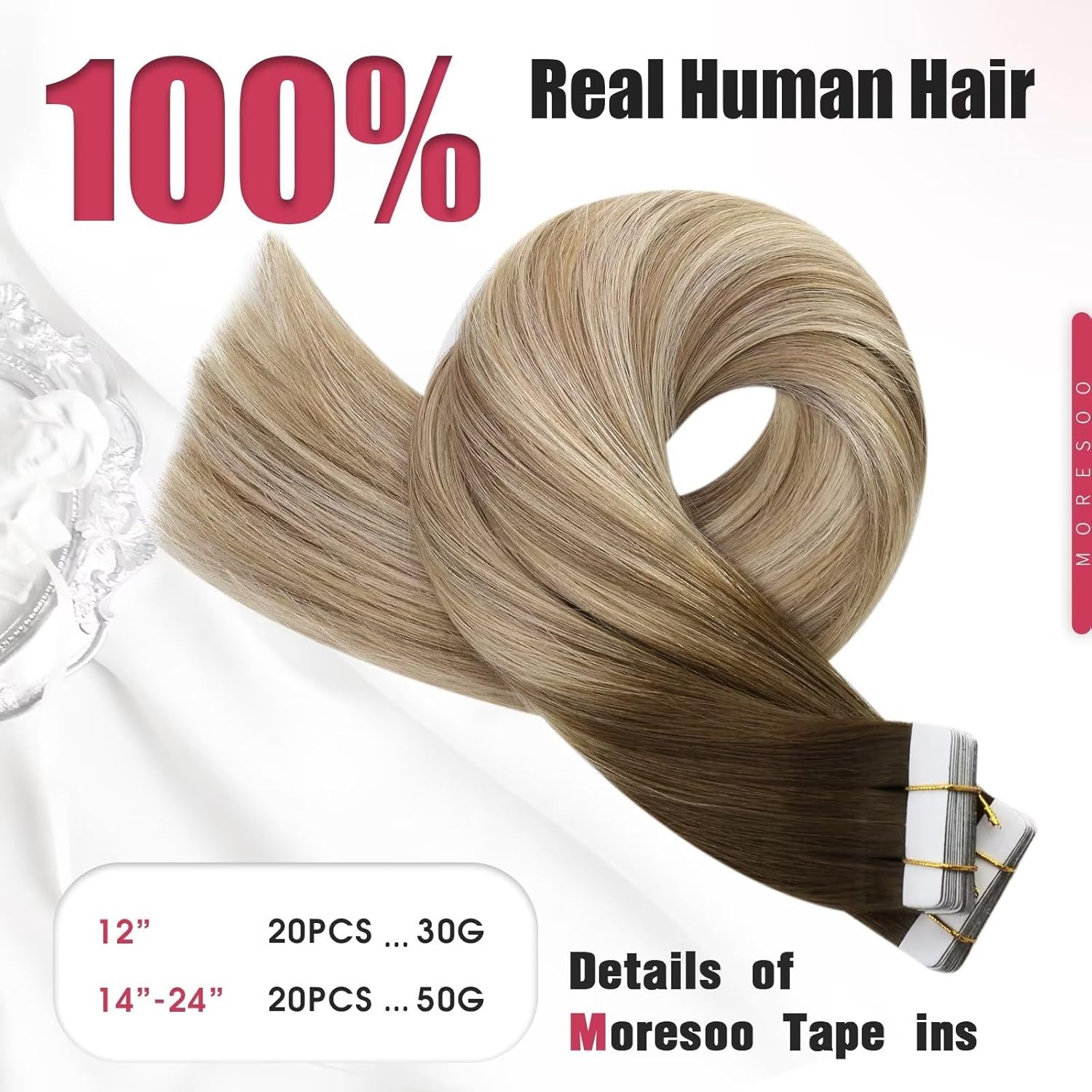 Tape Bundle Total 30 Pieces-Moresoo Tape in Hair Extensions Human Hair 20Pcs and Tape in Hair Extensions 10Pcs Ombre Brown to Light Brown Mix with Blonde (20pcs/50g+10pcs/25g) #3/8/22 24inch Bundle